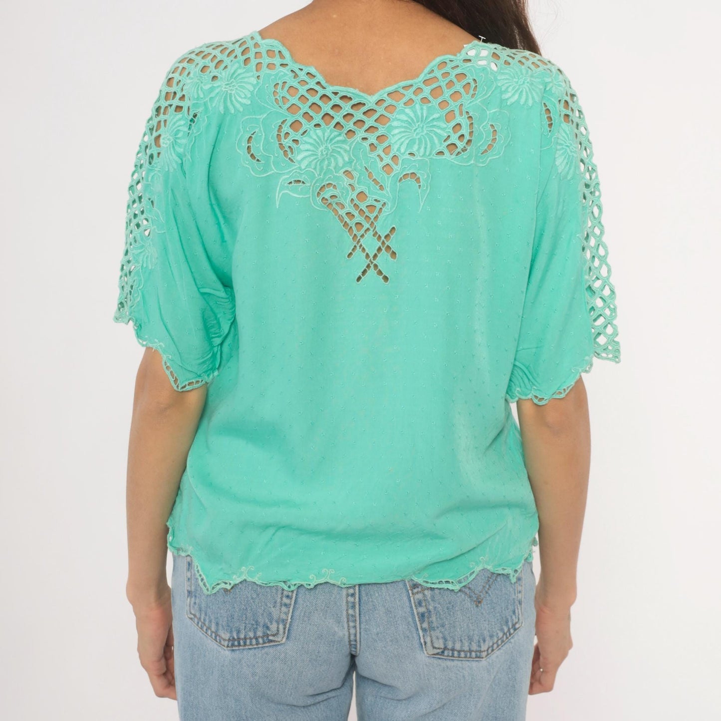 90s Bali Emerald Mint Green Cutwork Lace Blouse Scalloped Batwing Sleeve Small