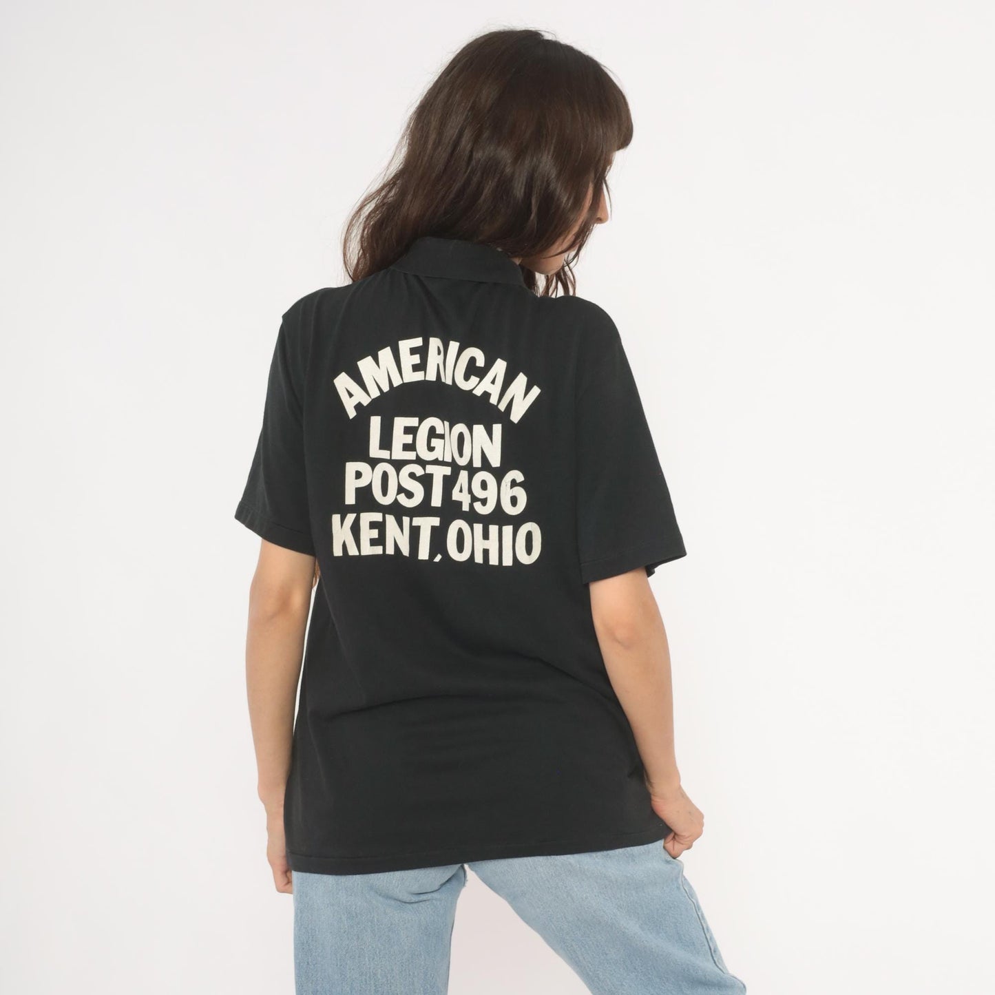 80s American Legion Post 496 Kent Ohio Polo Shirt Black Cotton Casual Knits Large