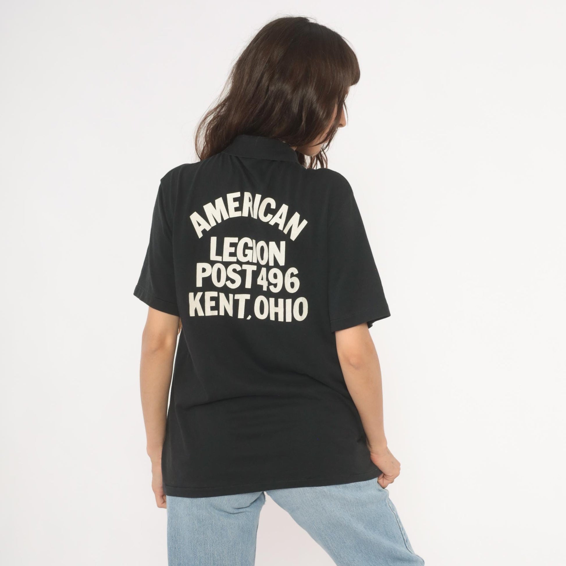 80s American Legion Post 496 Kent Ohio Polo Shirt Black Cotton Casual Knits Large