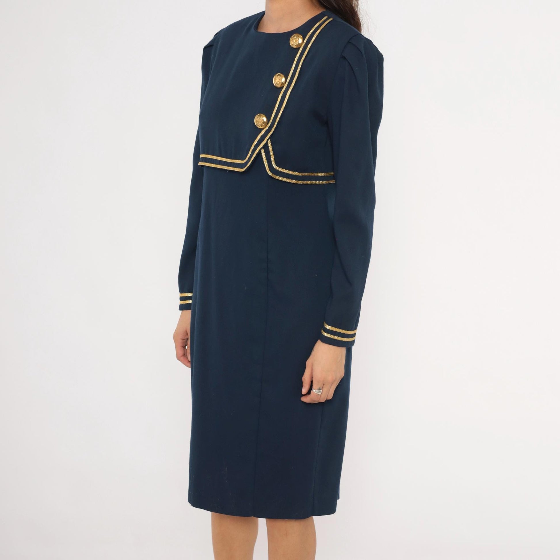 80s Jessica Howard Navy Dress Gold Braid Military Knee-Length Puff Sleeve Medium M
