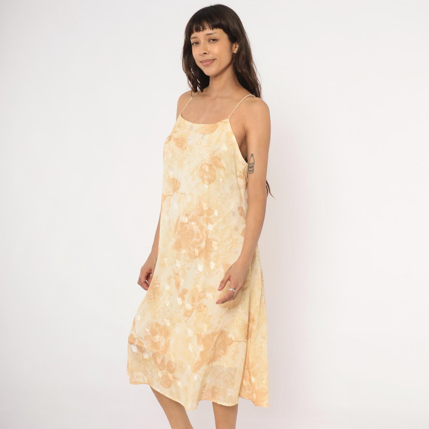 00s Dress-U-Ii Gold Floral Slip Dress Midi Cream Rose Print Spaghetti Strap Large L