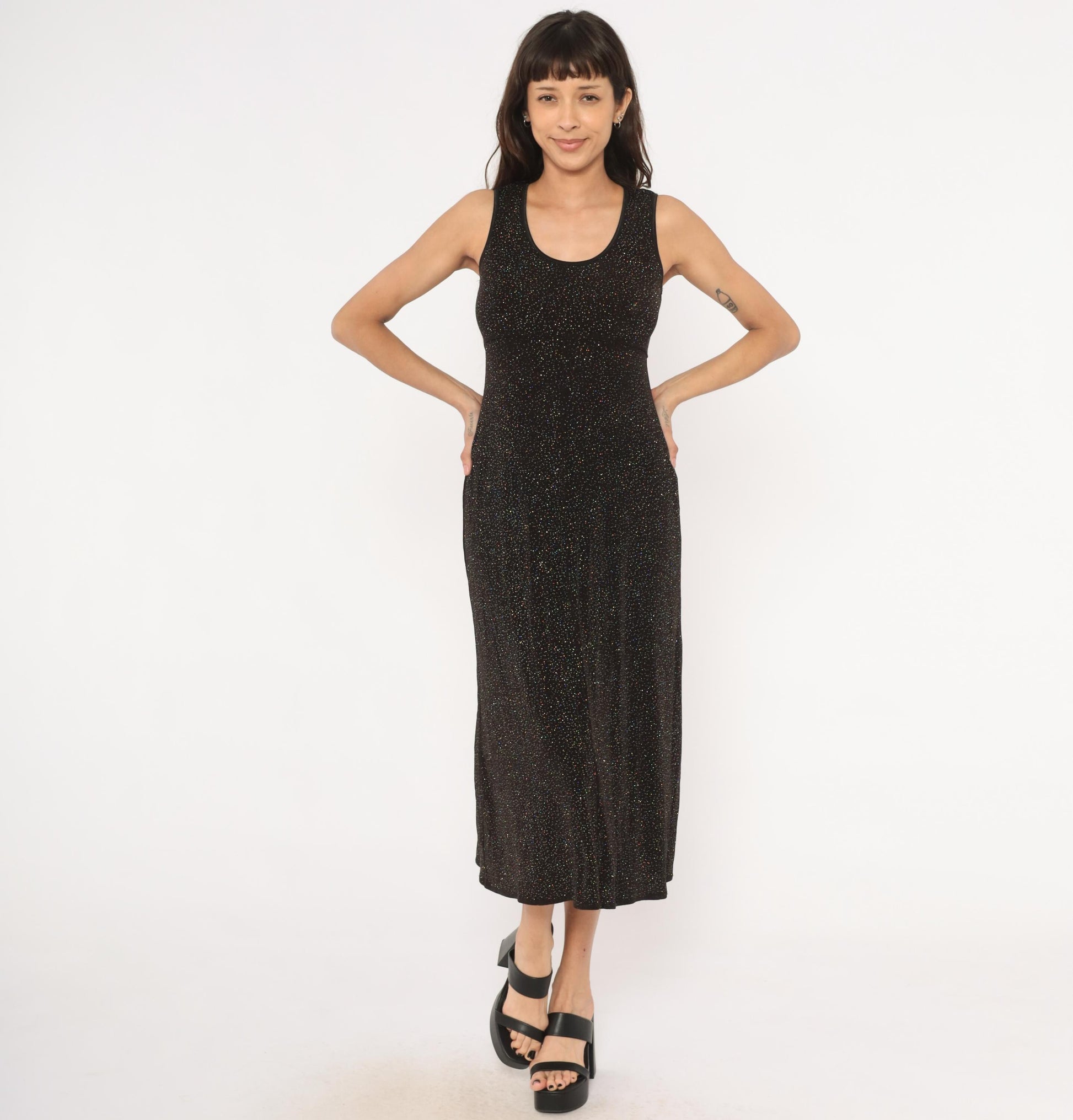 90s Rabbit Designs Black Glitter Maxi Dress Scoop Neck Empire Waist Medium M