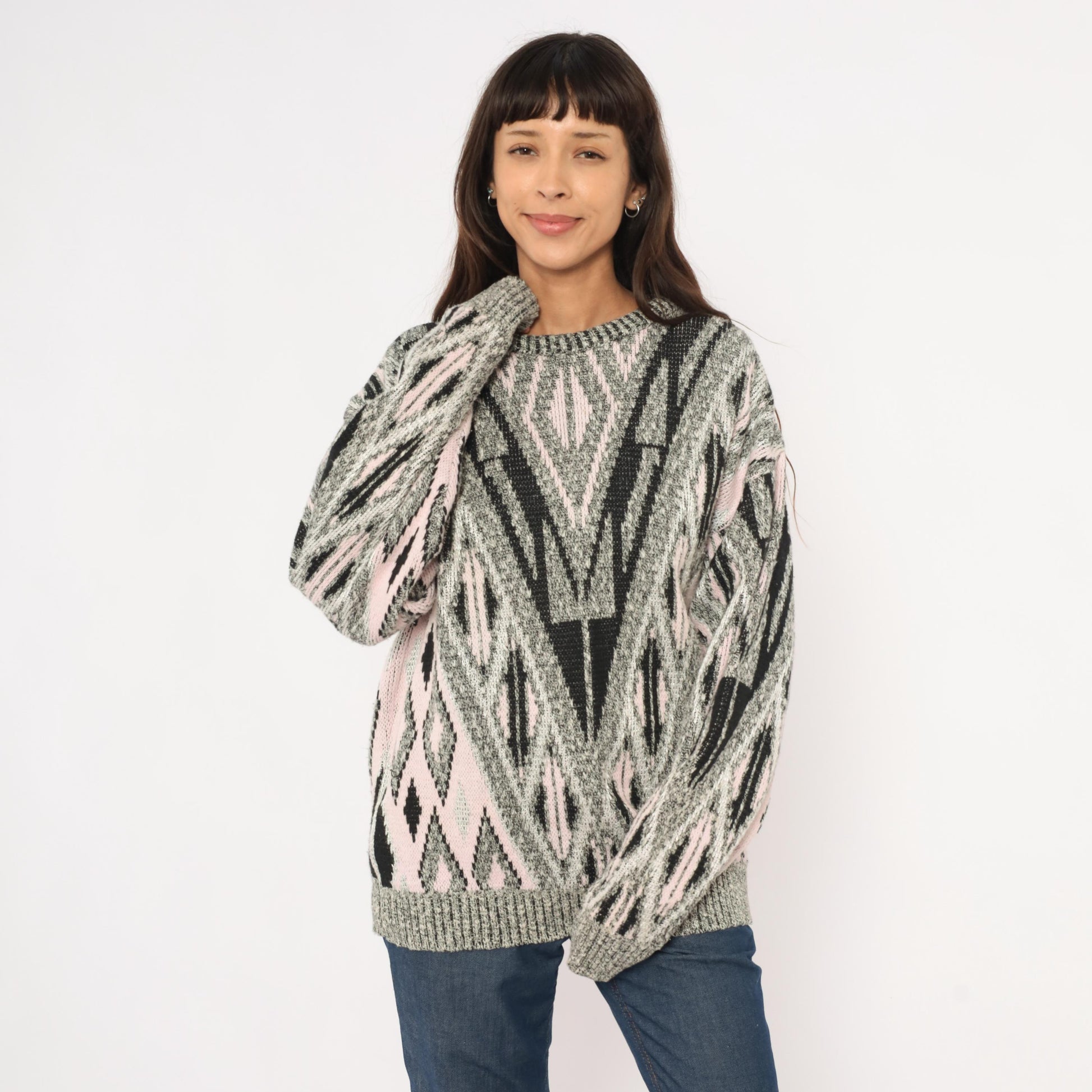 80s Elis Island Geometric Knit Sweater Grey Diamond Chevron Medium