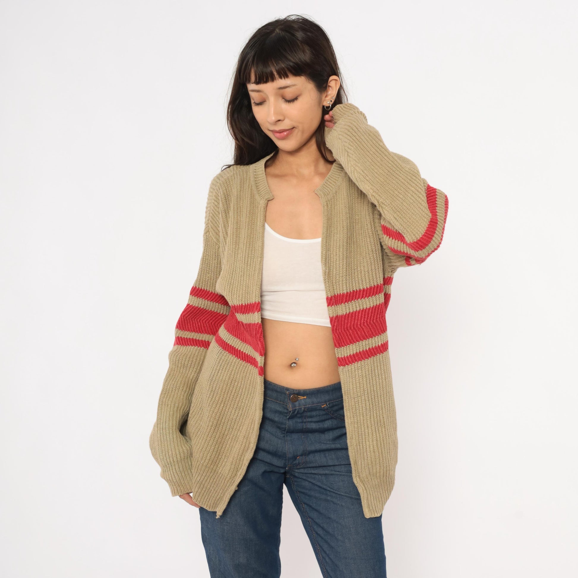 90s GAP Striped Cardigan Tan Red Ribbed Knit Open Front Medium M