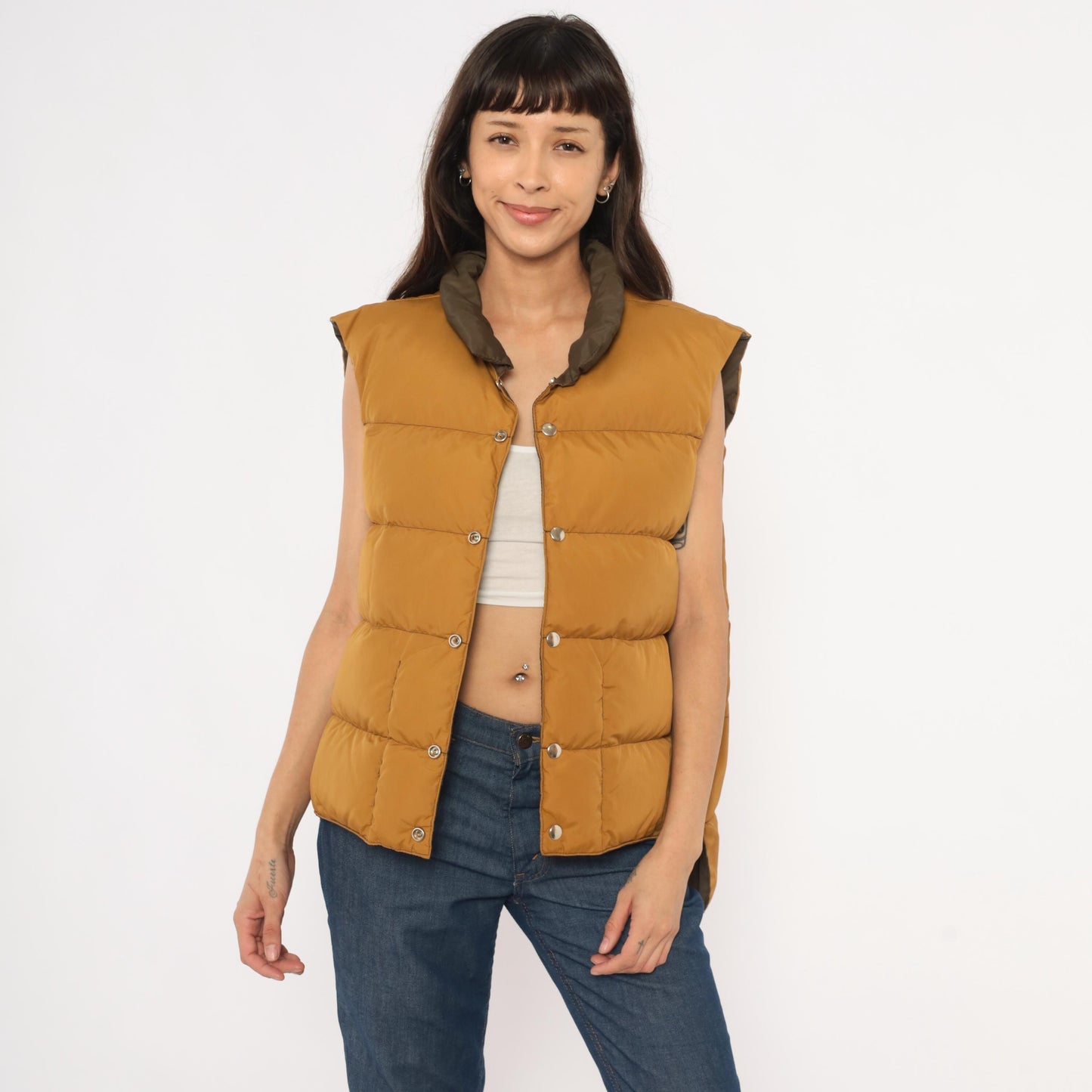 80s Reversible Puffer Vest Brown Mustard Quilted Down Waistcoat Medium