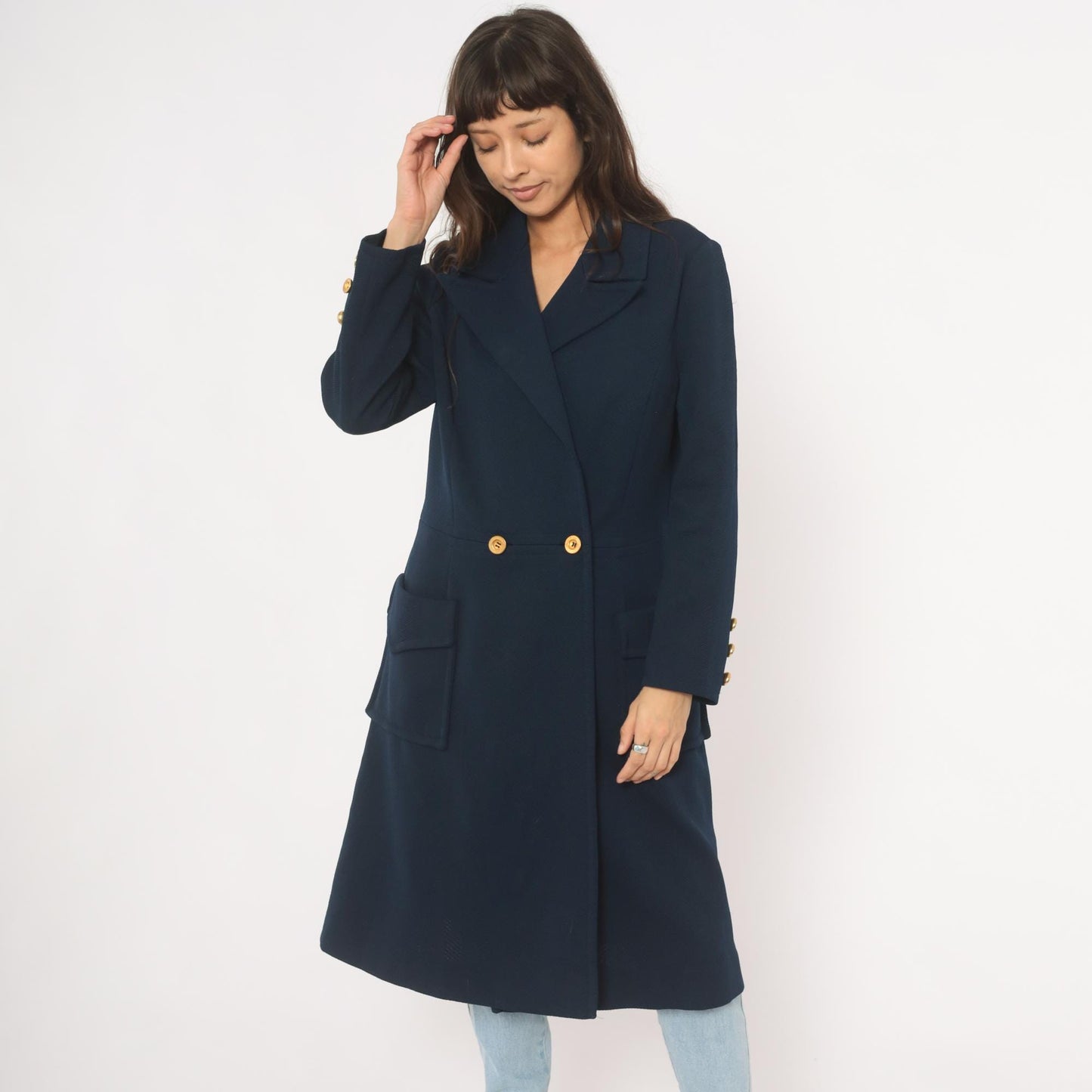 70s Butte Knit Navy Double Breasted Coat Gold Buttons Knee Length Large L