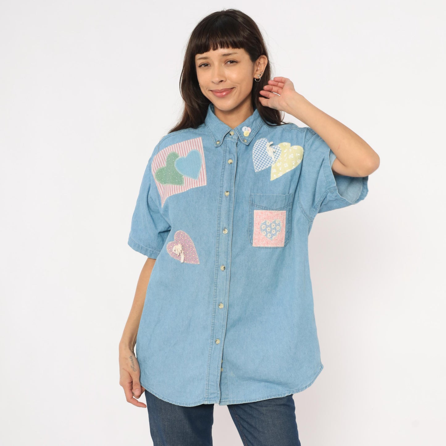 90s Satin Stitches Inc. Patchwork Heart Denim Shirt Light Wash Cotton Medium