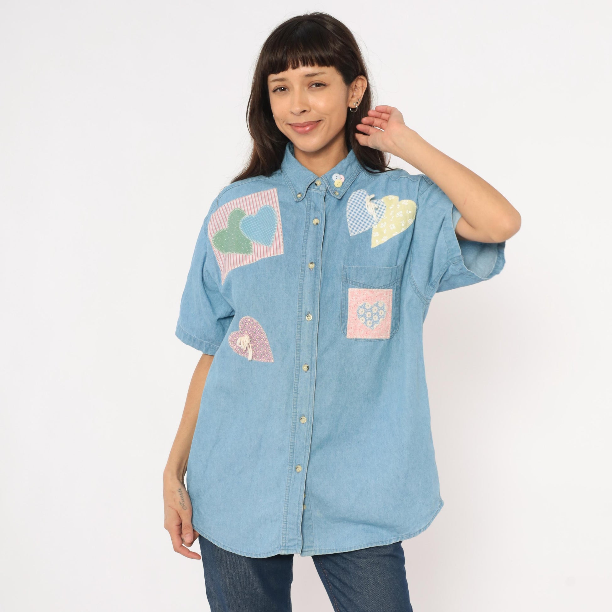 90s Satin Stitches Inc. Patchwork Heart Denim Shirt Light Wash Cotton Medium