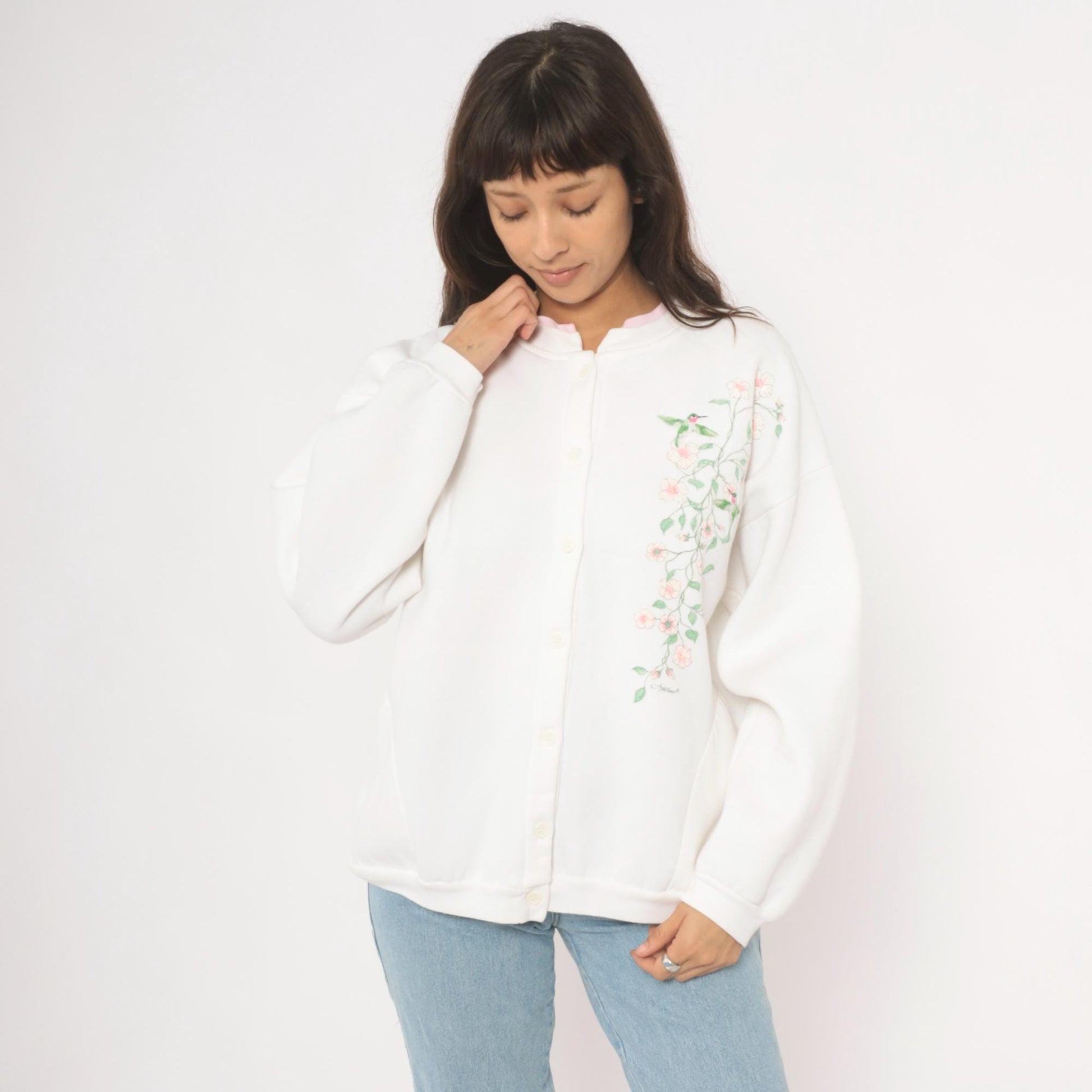 90s Artisans Hummingbird Floral Button Cardigan White Pink Cotton Large XL