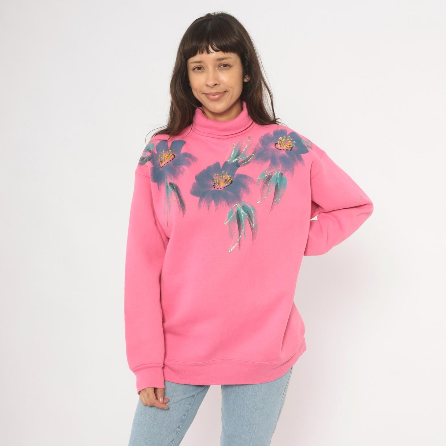 90s Tultex Pink Turtleneck Sweatshirt Floral Hand-Painted Glitter Extra Large XL
