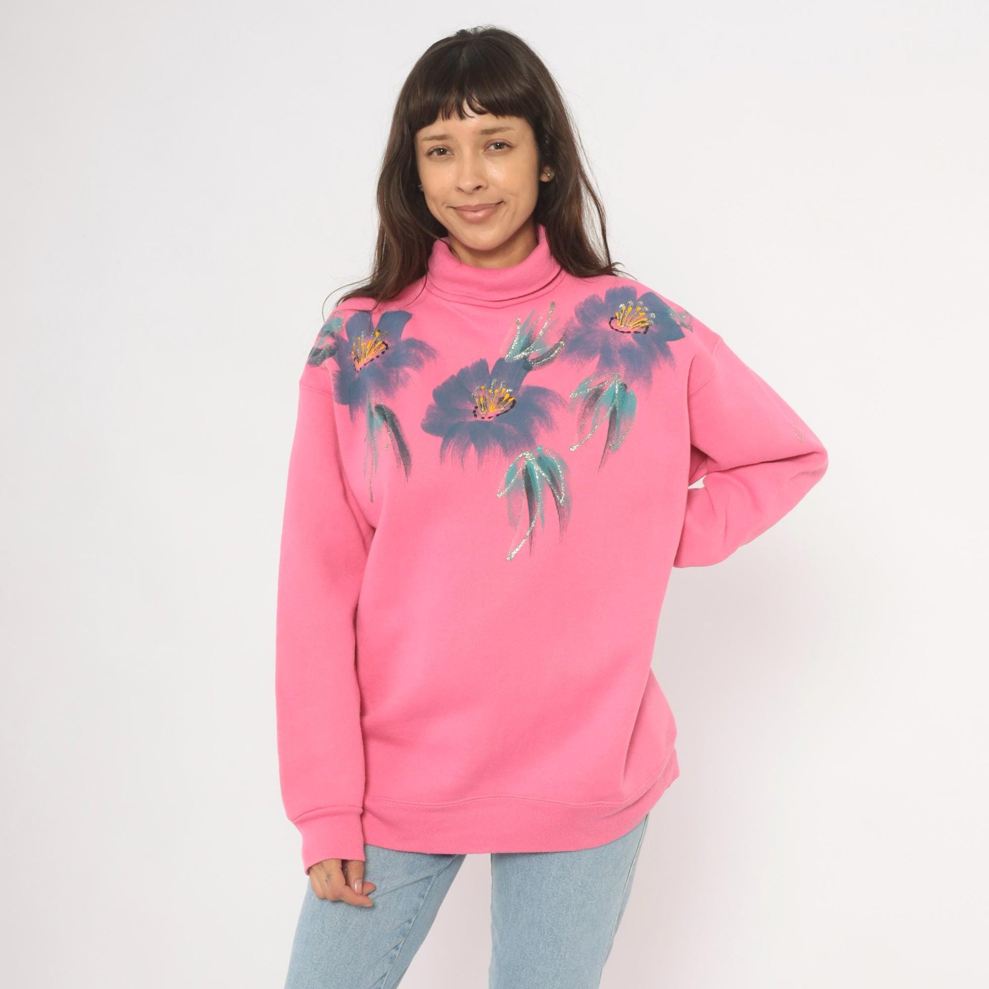 90s Tultex Pink Turtleneck Sweatshirt Floral Hand-Painted Glitter Extra Large XL