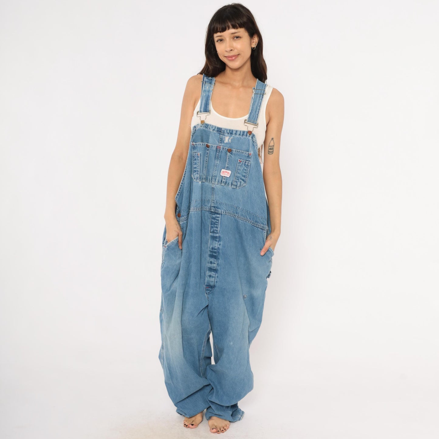 90s Light Wash Denim Bib Overalls Baggy Carpenter Distressed Plus Size XXL