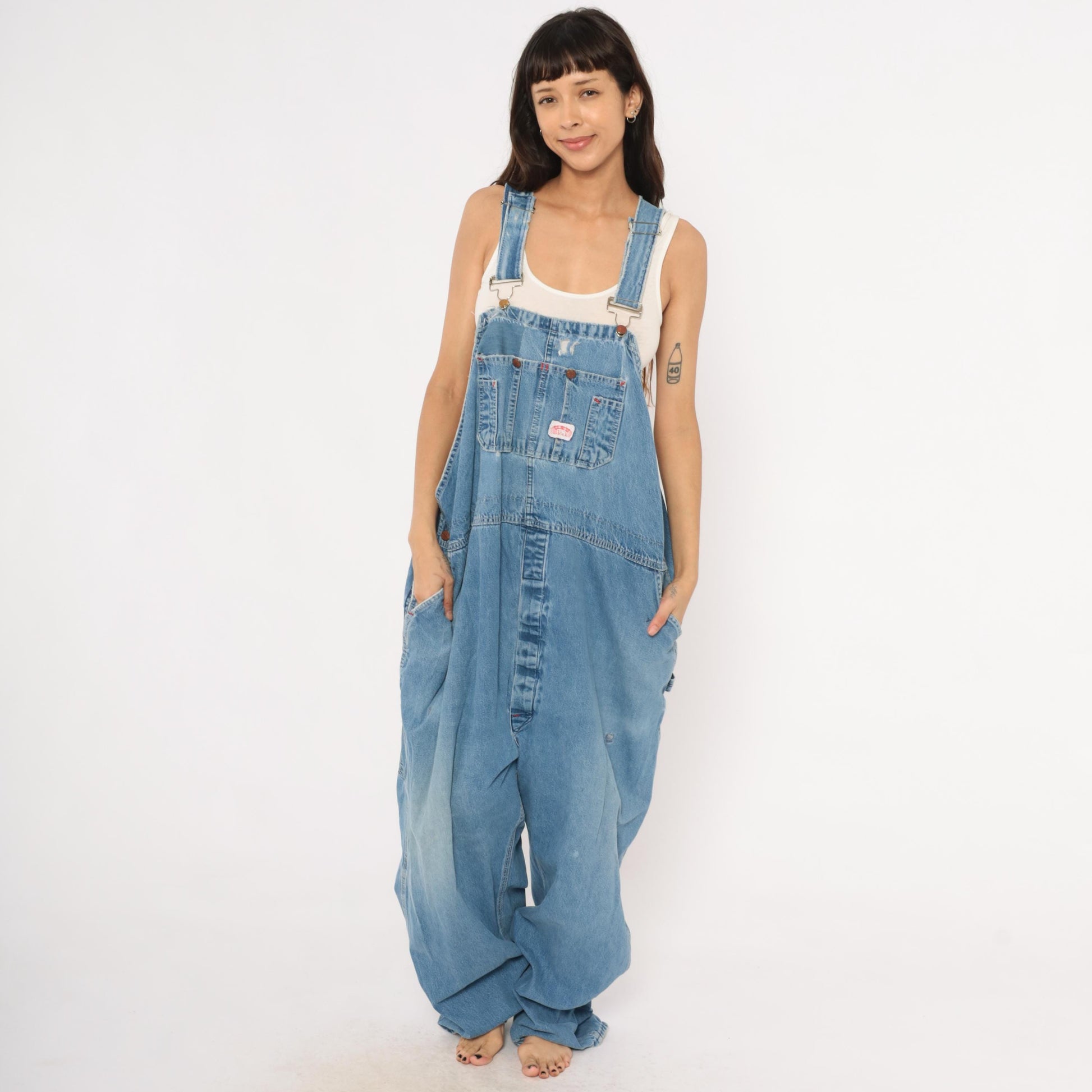 90s Light Wash Denim Bib Overalls Baggy Carpenter Distressed Plus Size XXL