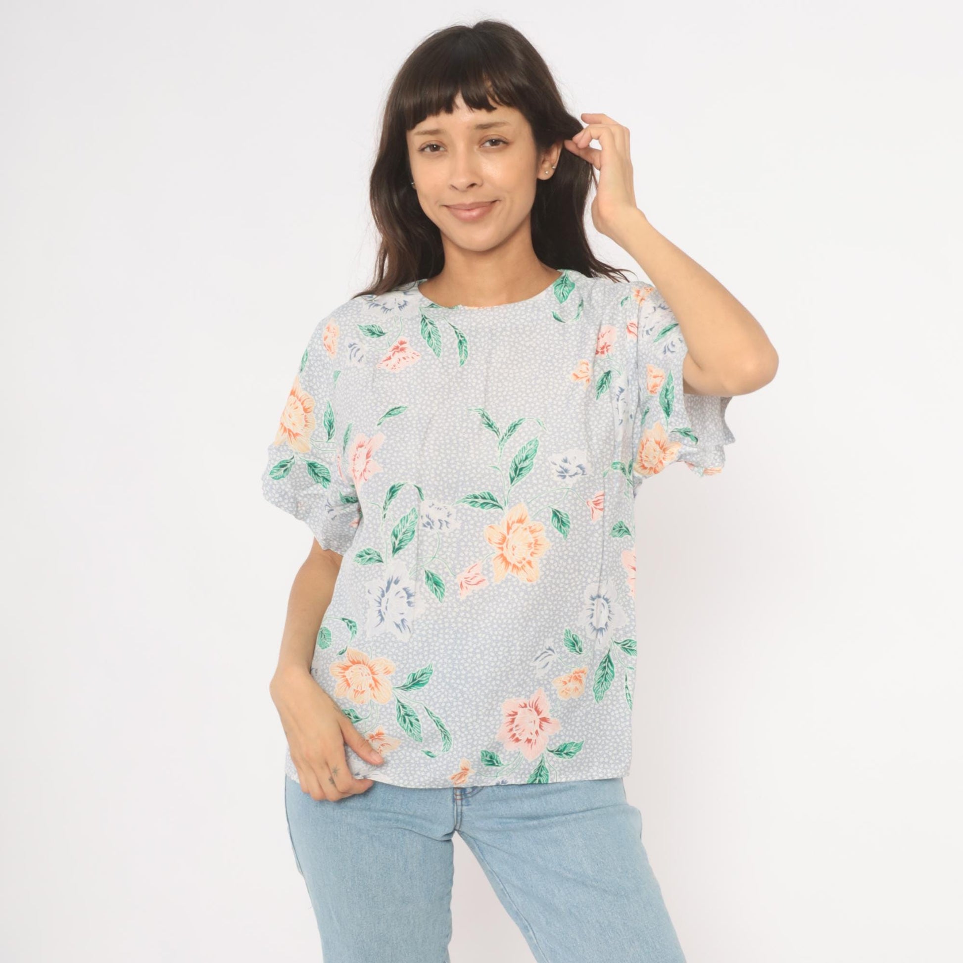 90s JH Collectibles Botanical Floral Blouse Lavender Periwinkle Medium M