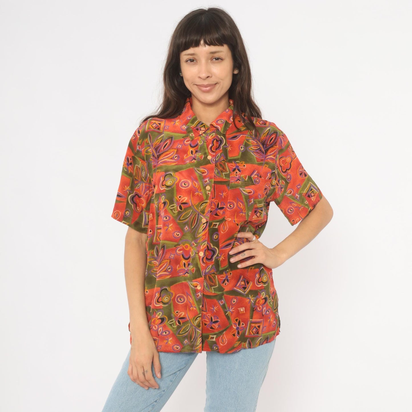 90s Quo-Silk Abstract Patchwork Silk Shirt Orange Olive Purple Camp Collar Medium