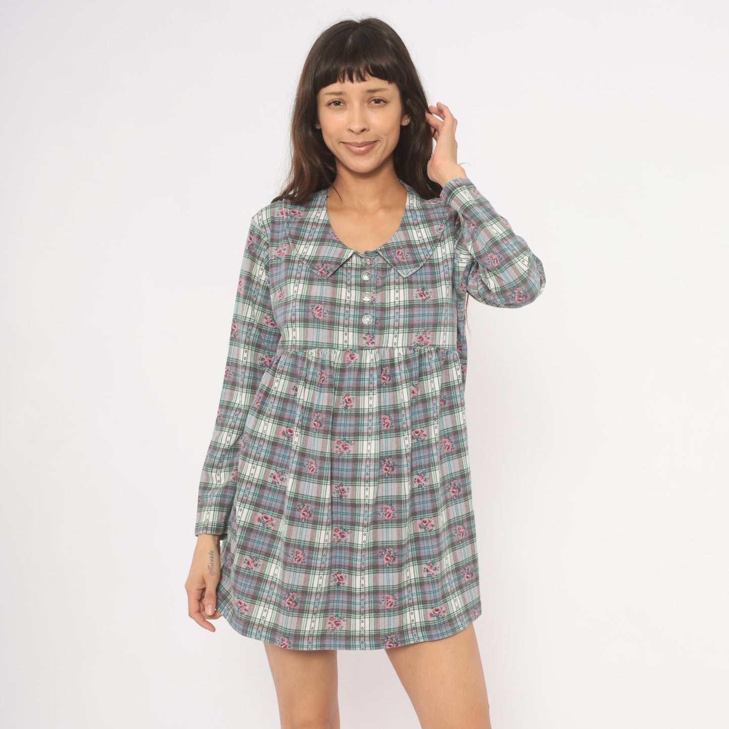 90s New Addition Maternity Floral Plaid Mini Dress Peter Pan Collar Pink Medium M
