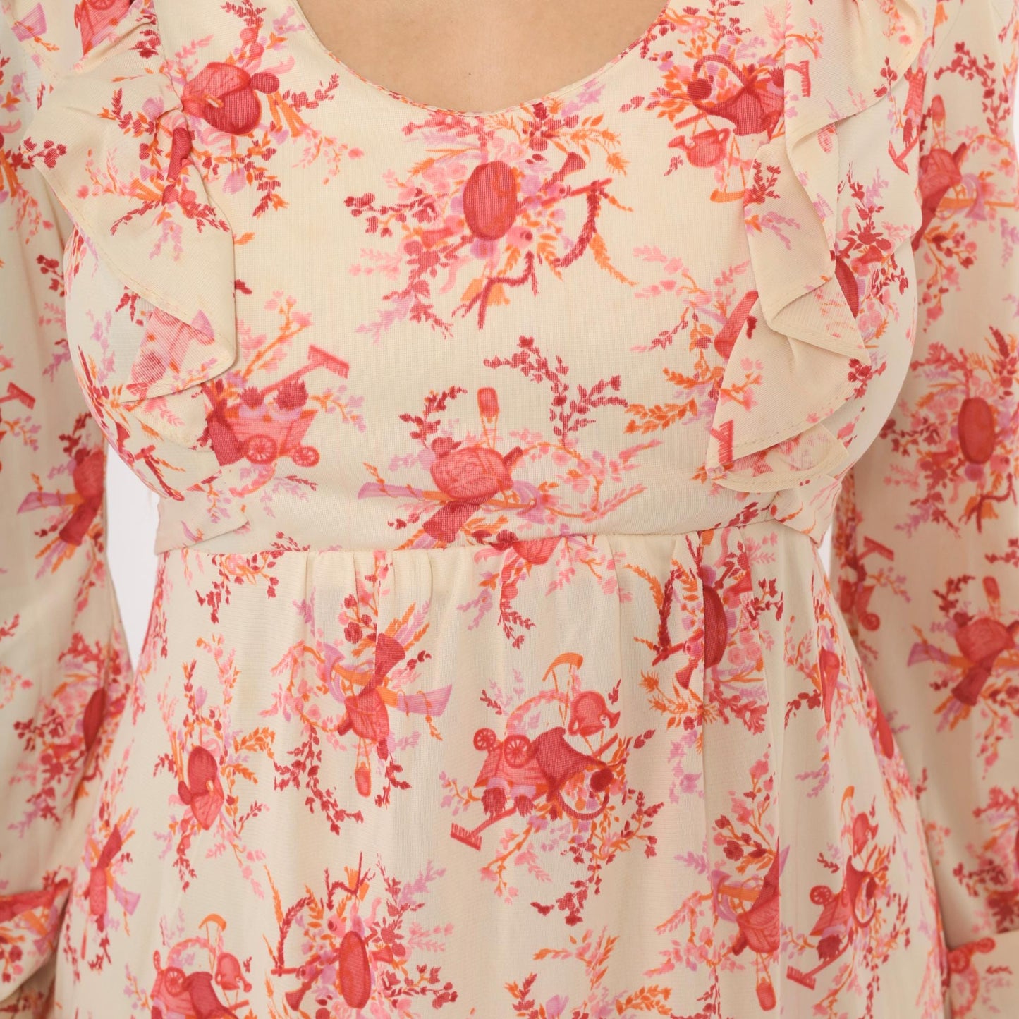 70s Cream Pink Floral Mini Dress Ruffle Collar Bell Sleeve Tie Waist Medium