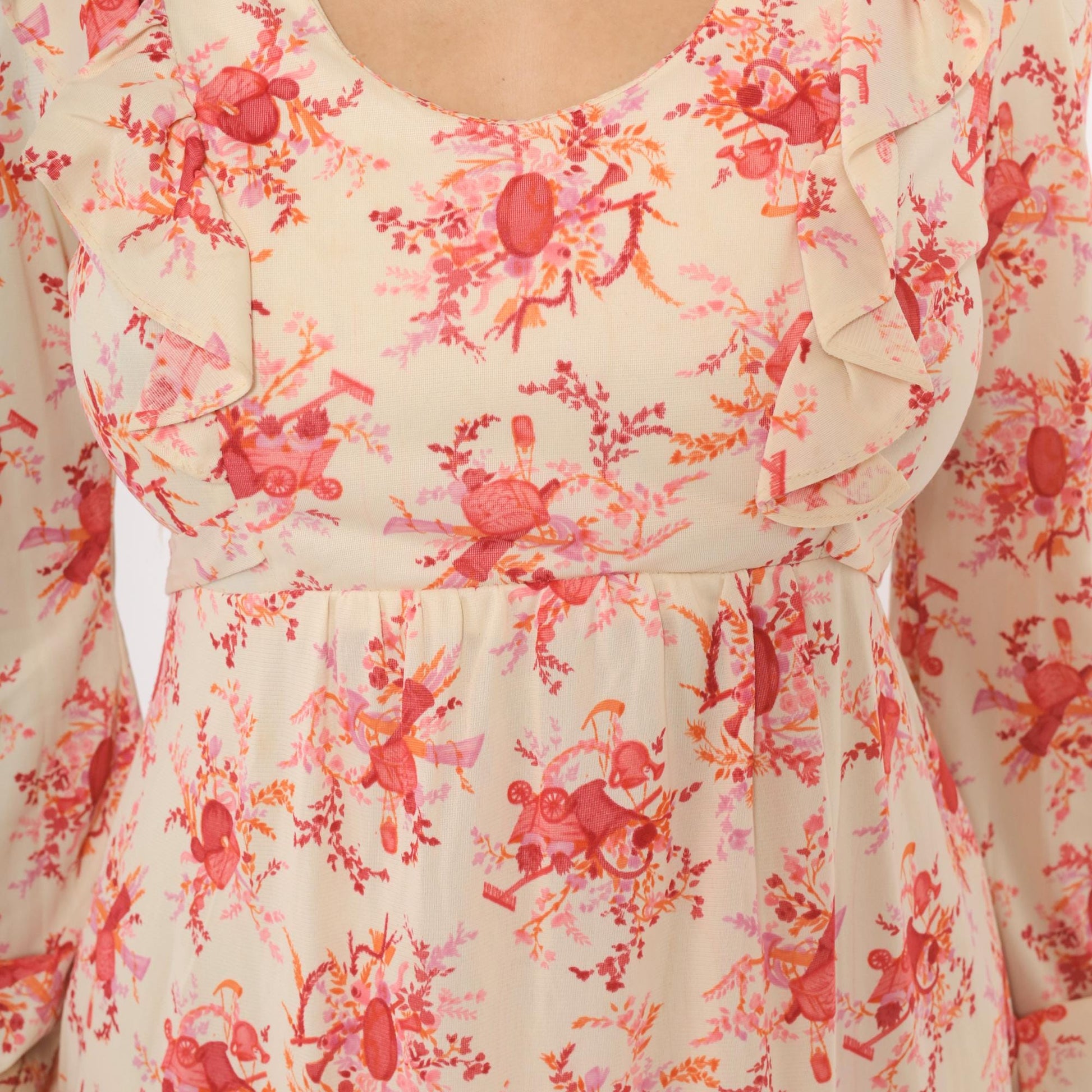 70s Cream Pink Floral Mini Dress Ruffle Collar Bell Sleeve Tie Waist Medium