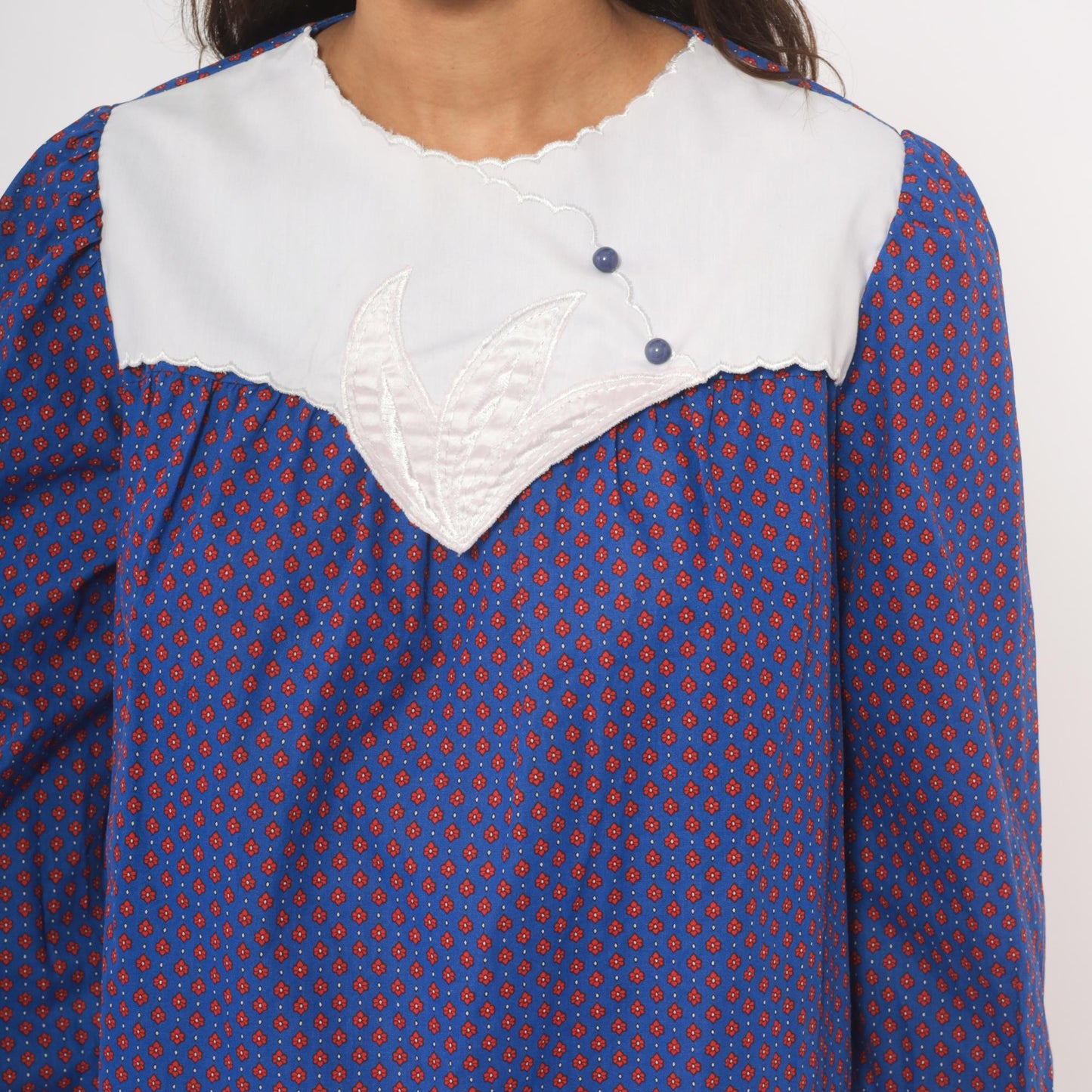 80s Maternity Calico Floral Shift Dress Blue Red Puff Sleeve Bib Collar Medium M