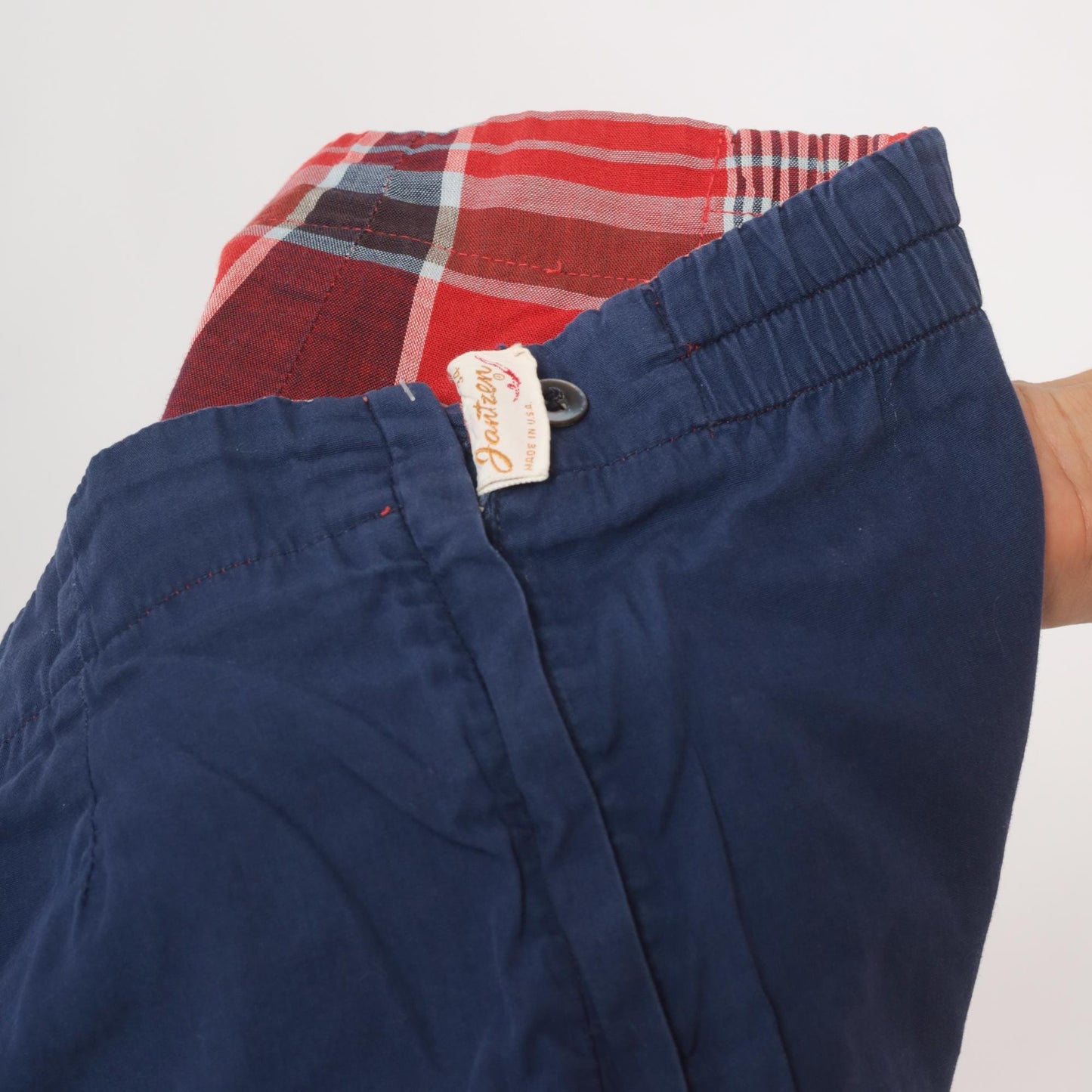 1960s Jantzen Reversible Plaid Shorts Red Navy Cotton Low Rise Medium M