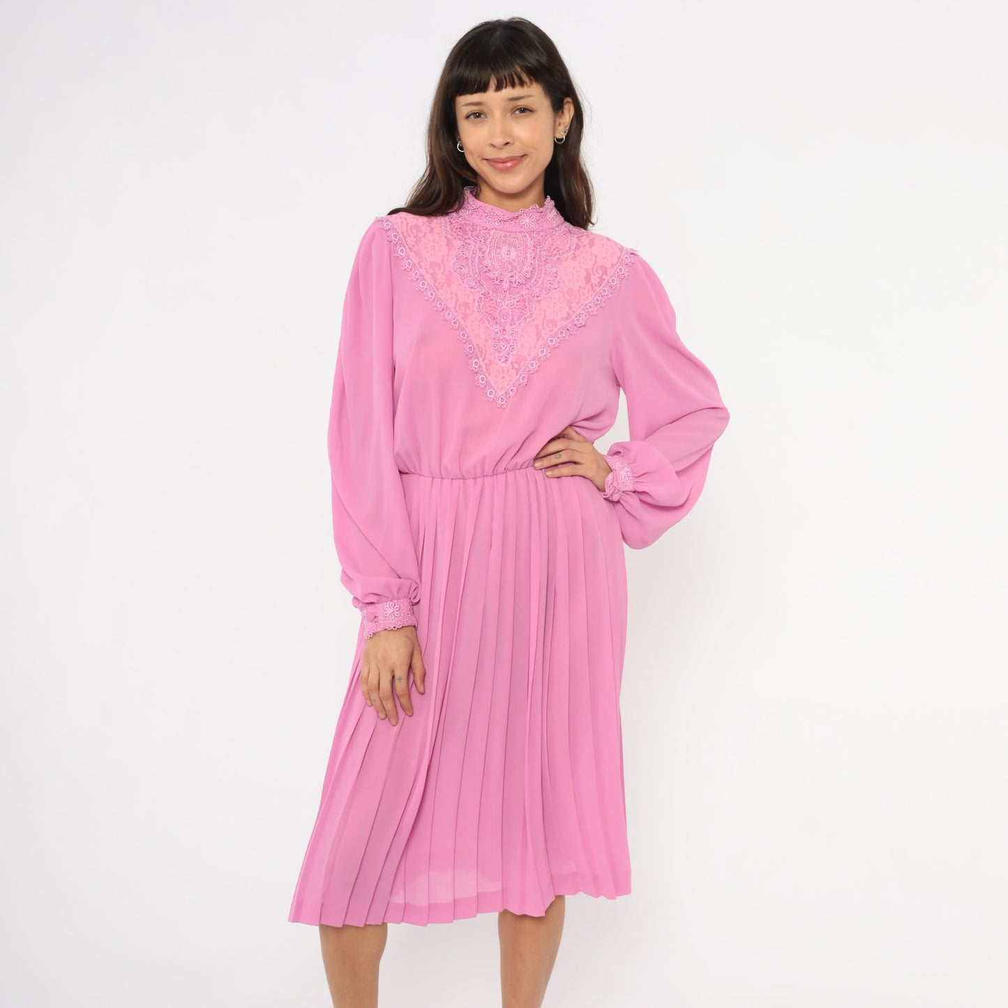 80s Rimini Pink Lace Bib Dress Bishop Sleeve Pleated Skirt Small Medium