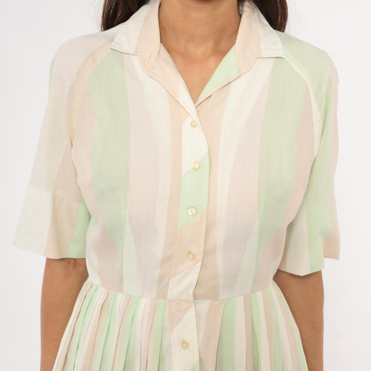 60s Pastel Striped Shirtdress Mint Green Pink Button Front Knee Length Medium