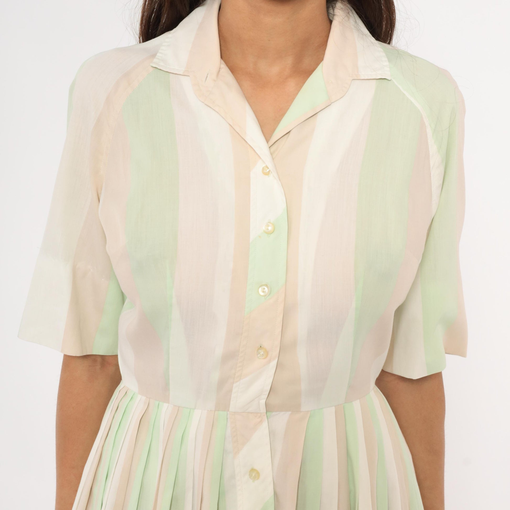 60s Pastel Striped Shirtdress Mint Green Pink Button Front Knee Length Medium