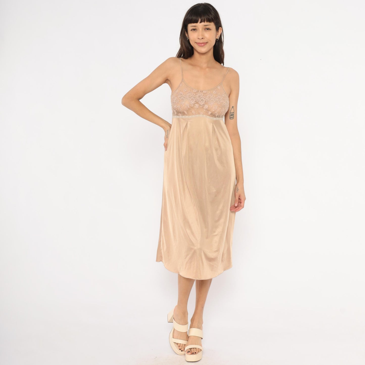 80s Bonny Nude Lace Slip Dress Champagne Satin Midi Empire Waist Small