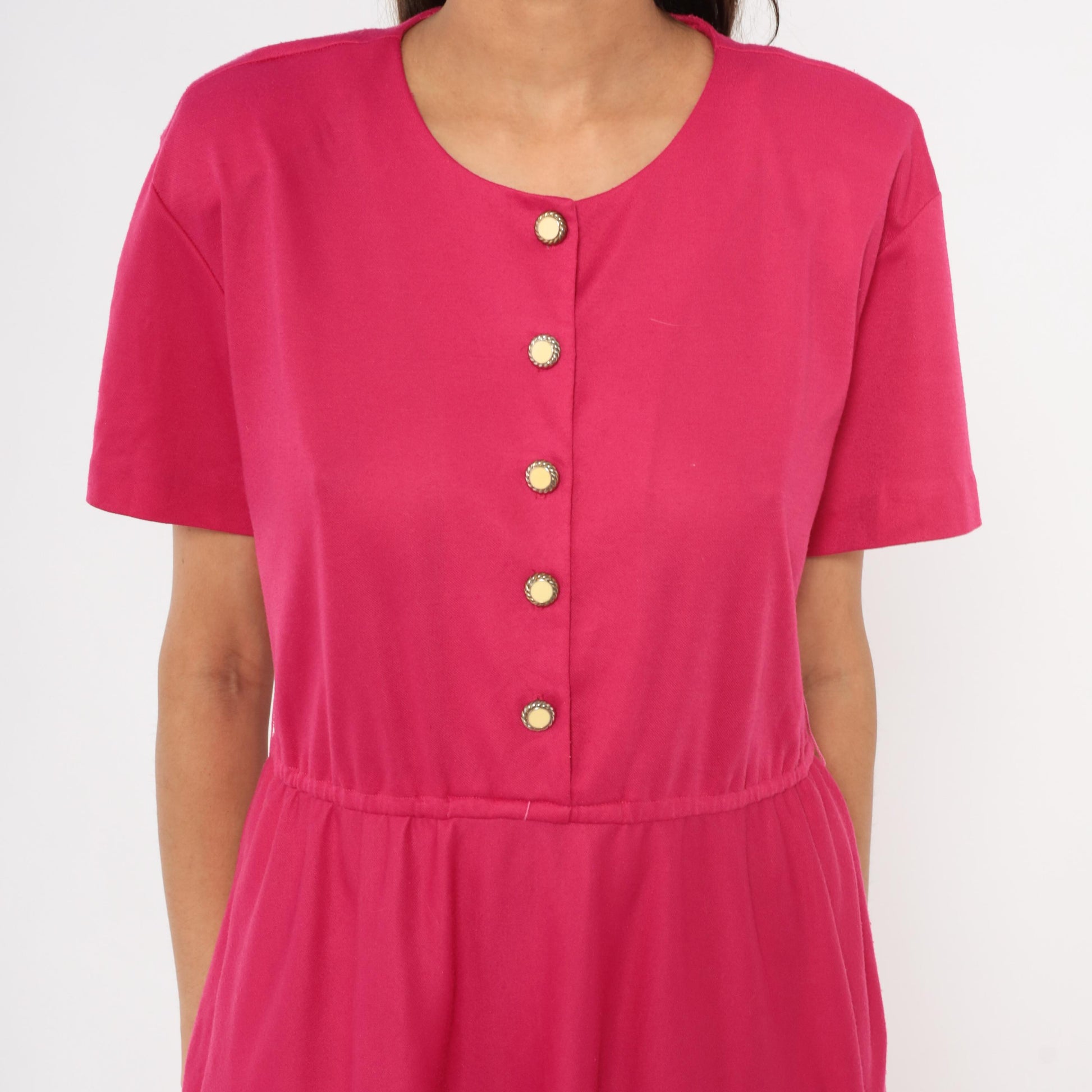 80s Fuchsia Button-Front Midi Dress Gold Buttons Gathered Waist Small