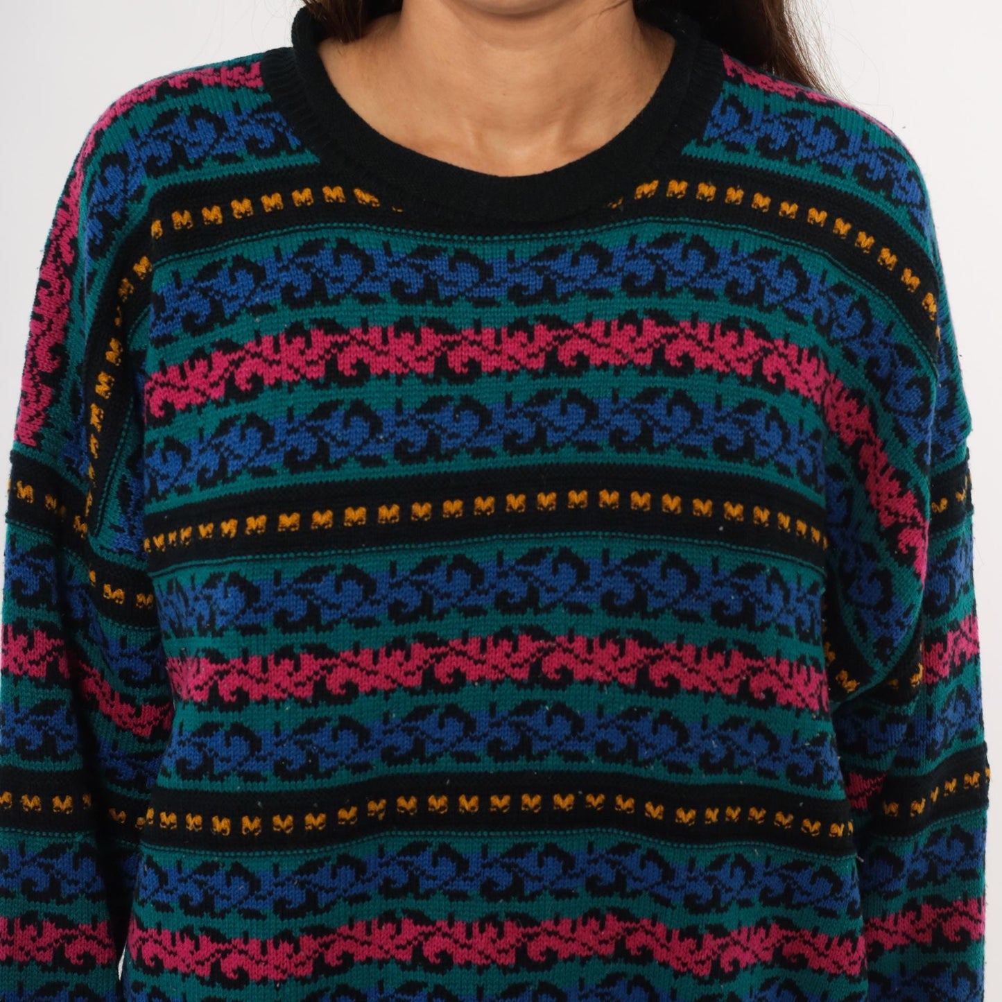 90s Jacque & Koko Jacquard Knit Sweater Teal Scroll Pattern Crew Neck Extra Large XL