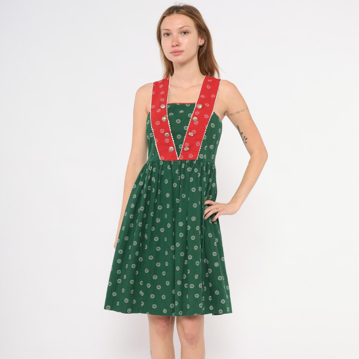 60s Muchner Kindermoden Dirndl Dress Green Floral Red Bodice Square Neck Extra Small