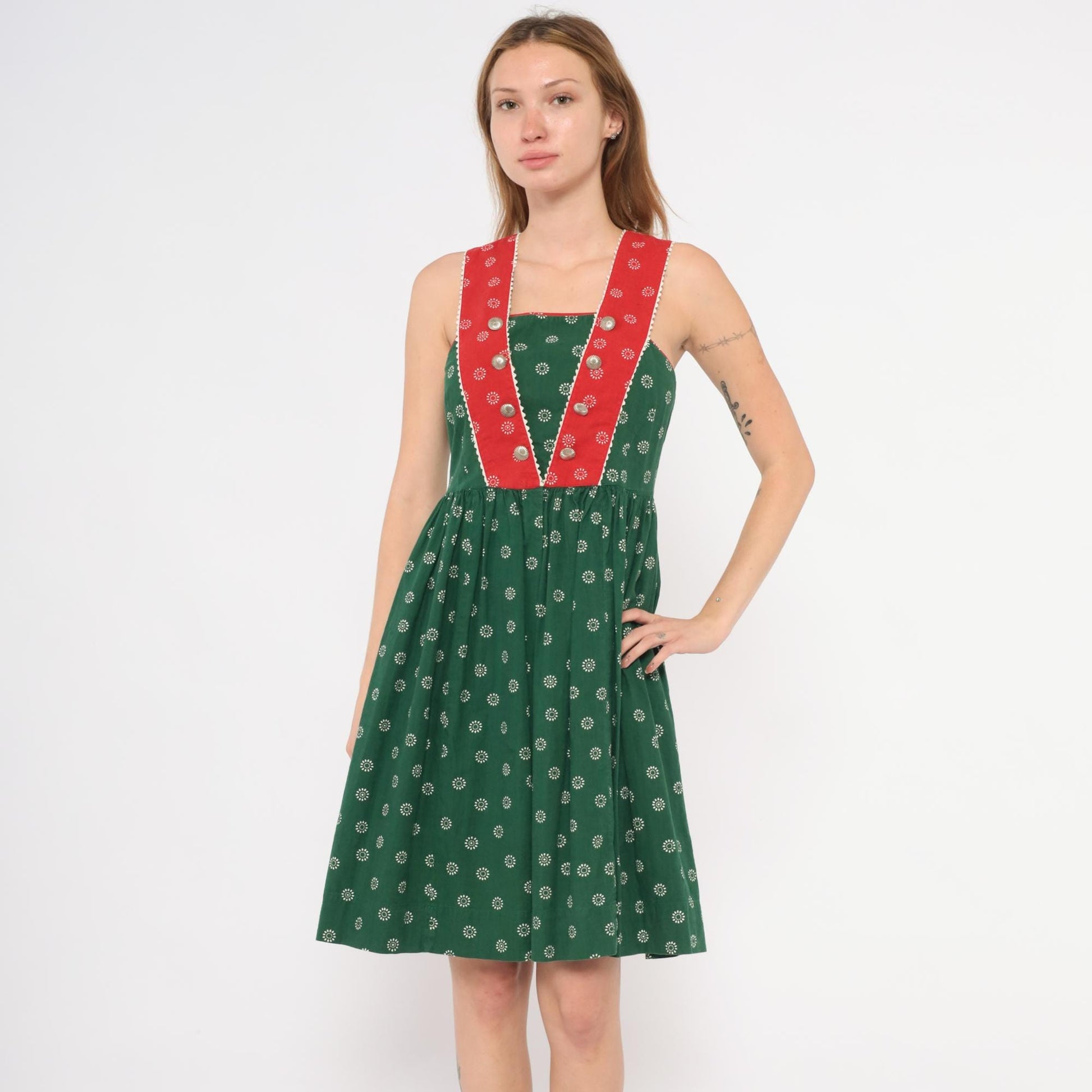 60s Muchner Kindermoden Dirndl Dress Green Floral Red Bodice Square Neck Extra Small