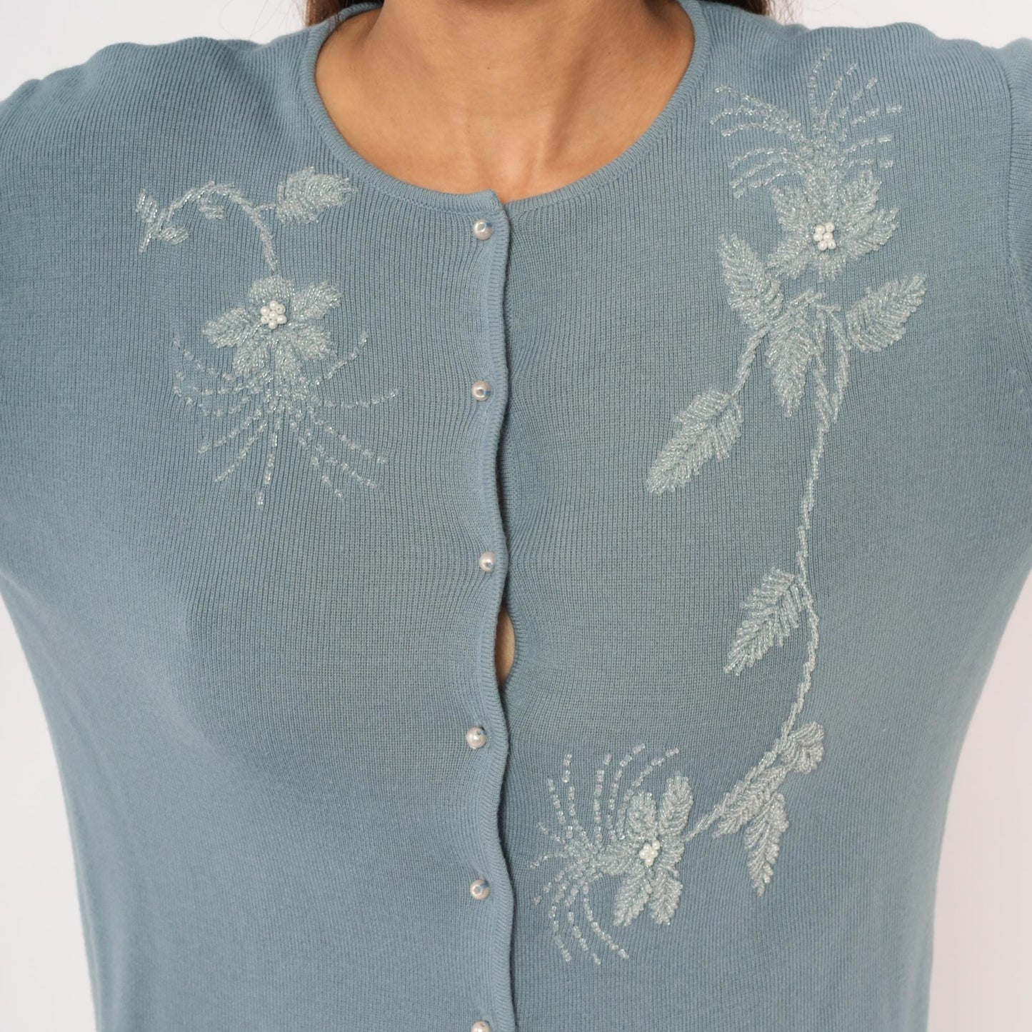 Saks Fifth Avenue 90s Powder Blue Cardigan Embroidered Floral Beaded Medium