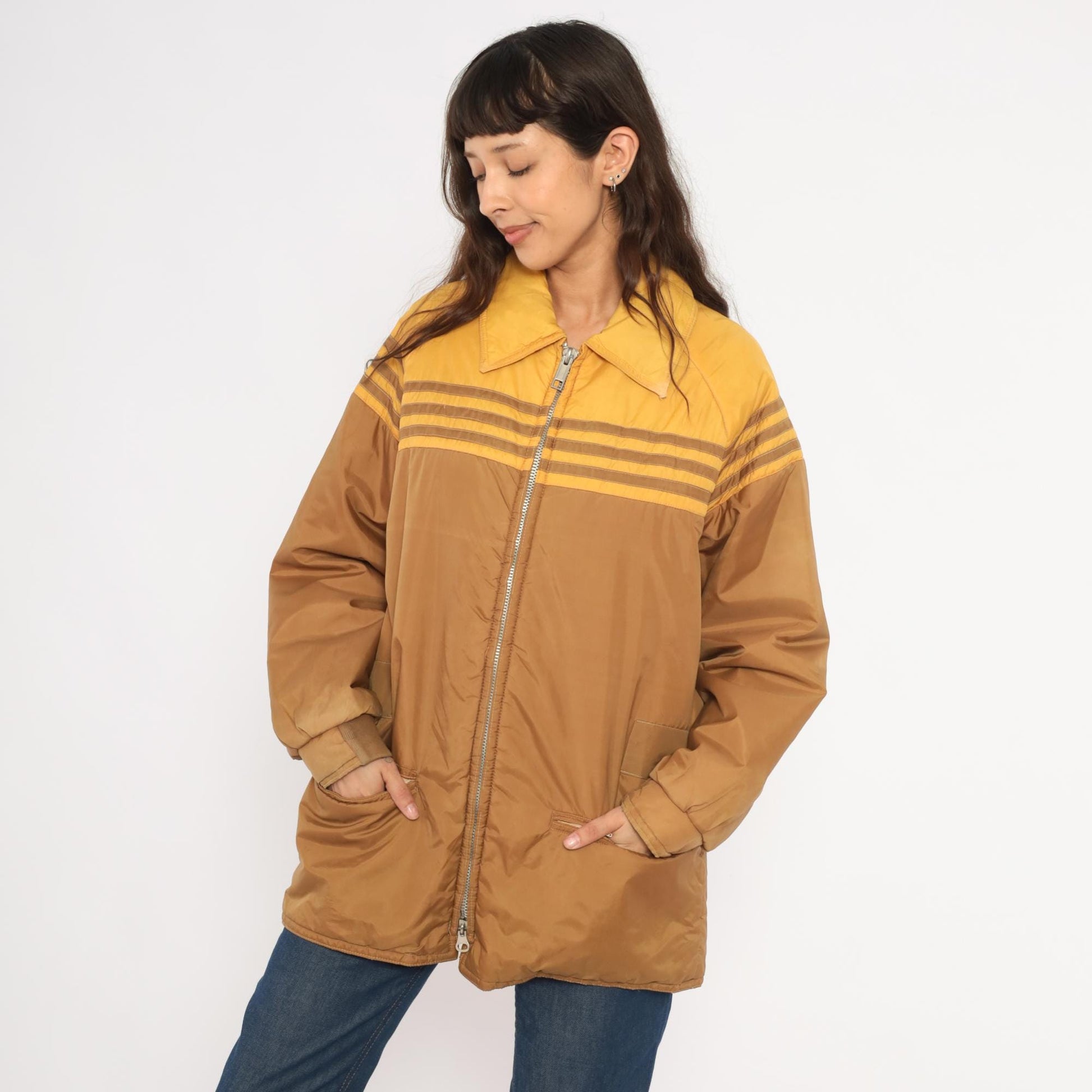 70s Douglas Park Two-Tone Windbreaker Puffer Jacket Brown Mustard Gold Medium M
