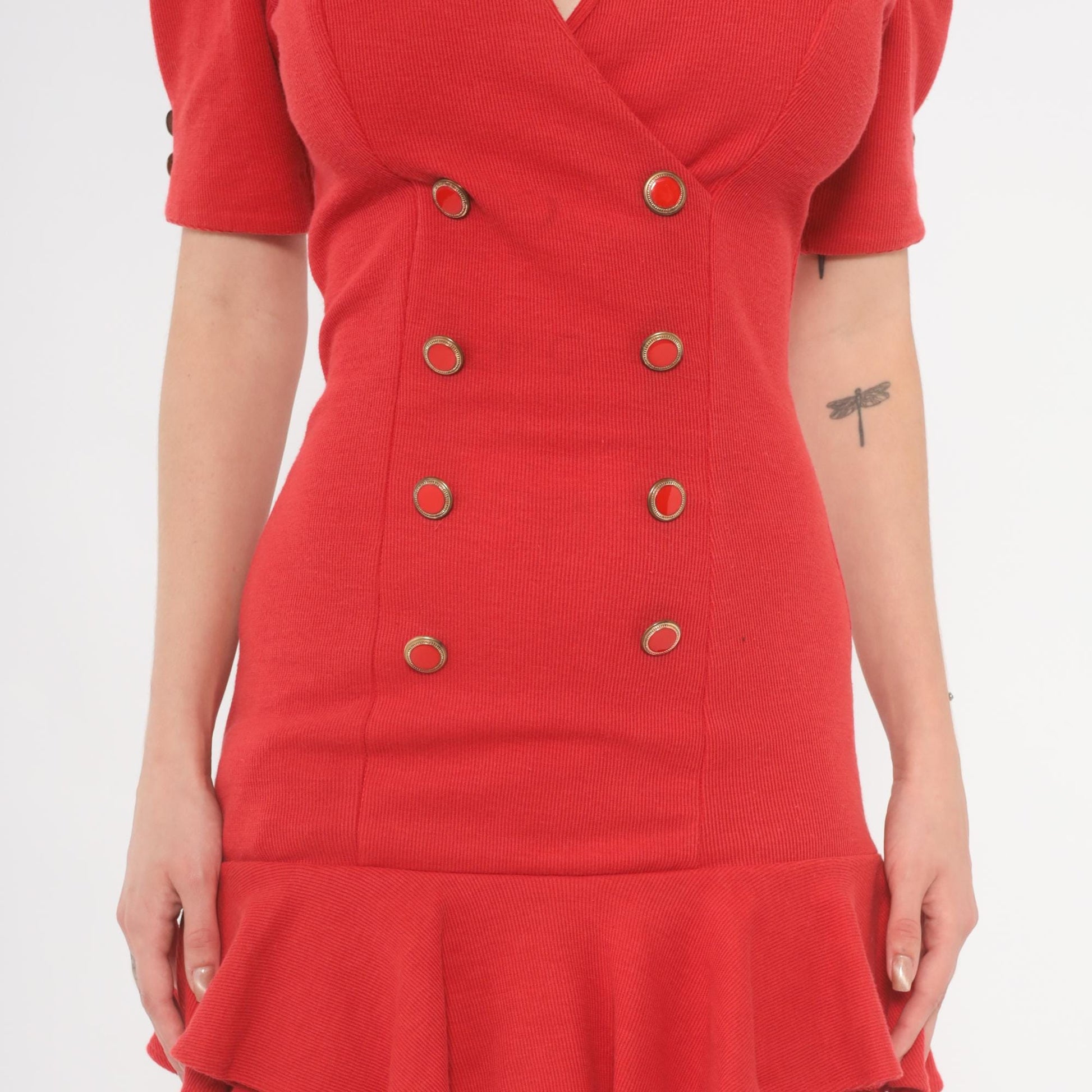 80s All That Jazz Red Mini Dress Double Breasted Puff Sleeve V Neck Gold Ruffle Extra Small XS