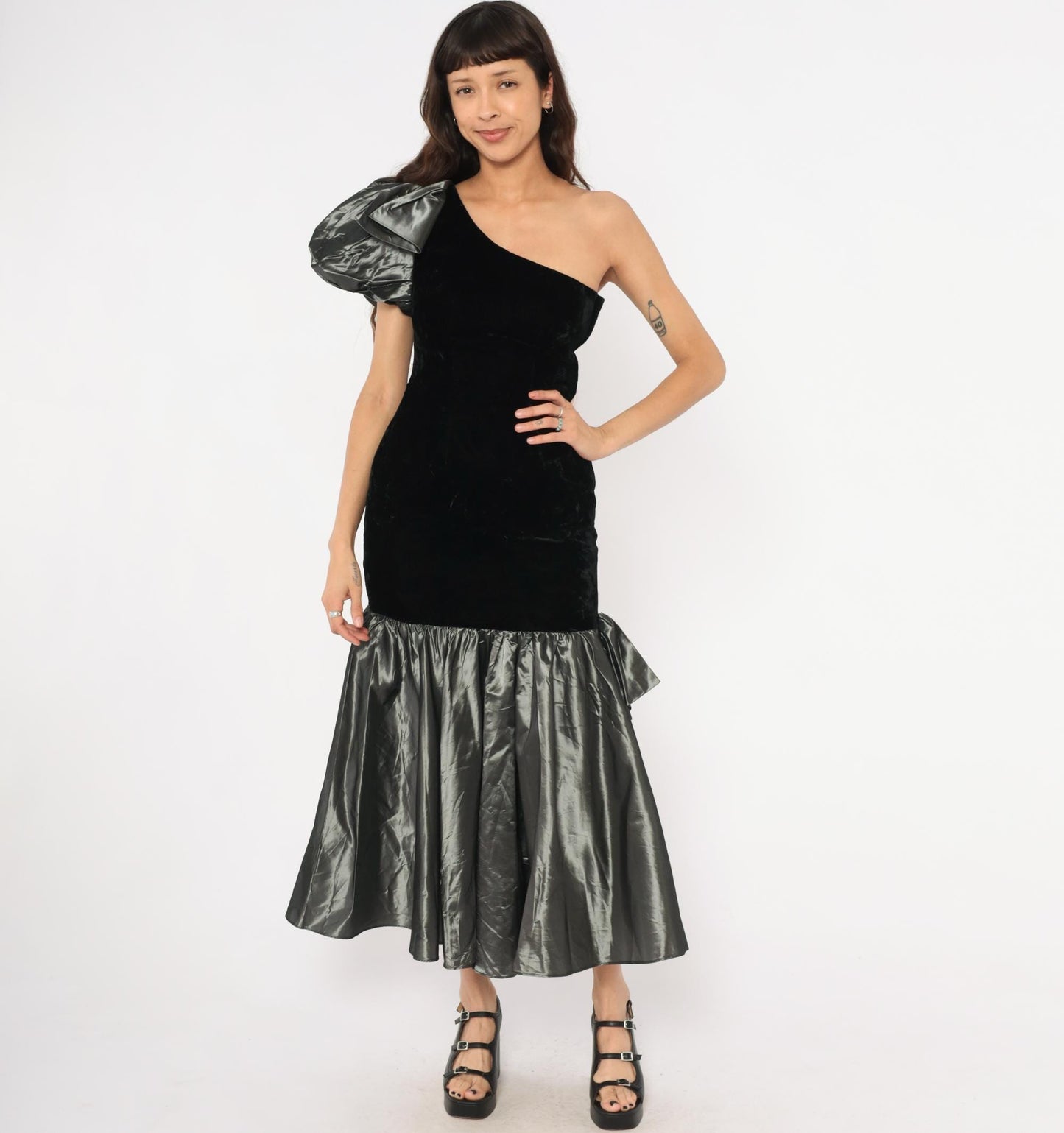 80s Alyce Designs One-Shoulder Velvet Gown Black Mermaid Hem Puff Sleeve Extra Small XS