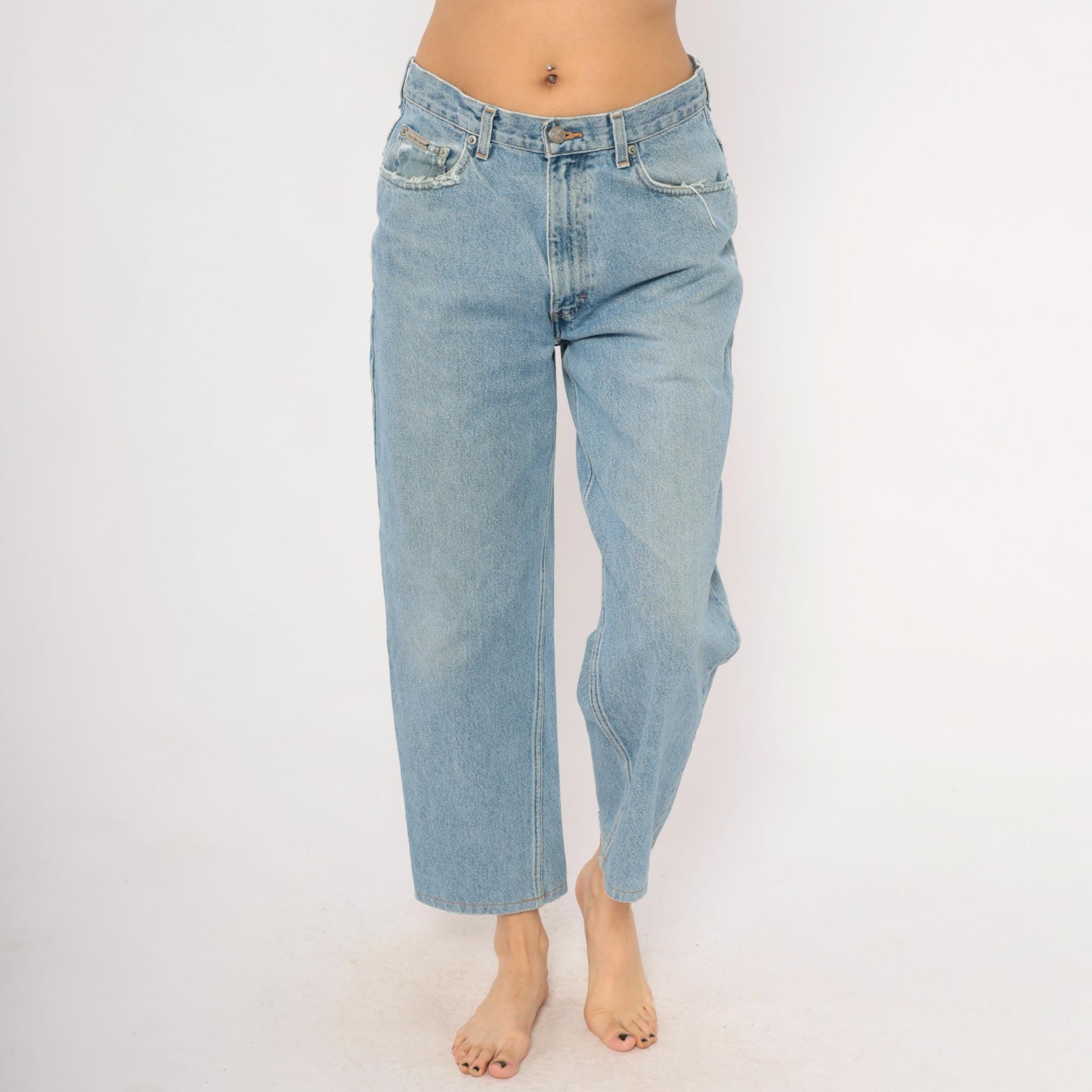 Calvin Klein Light Wash Straight Leg Jeans 00s Distressed Ankle Denim Medium