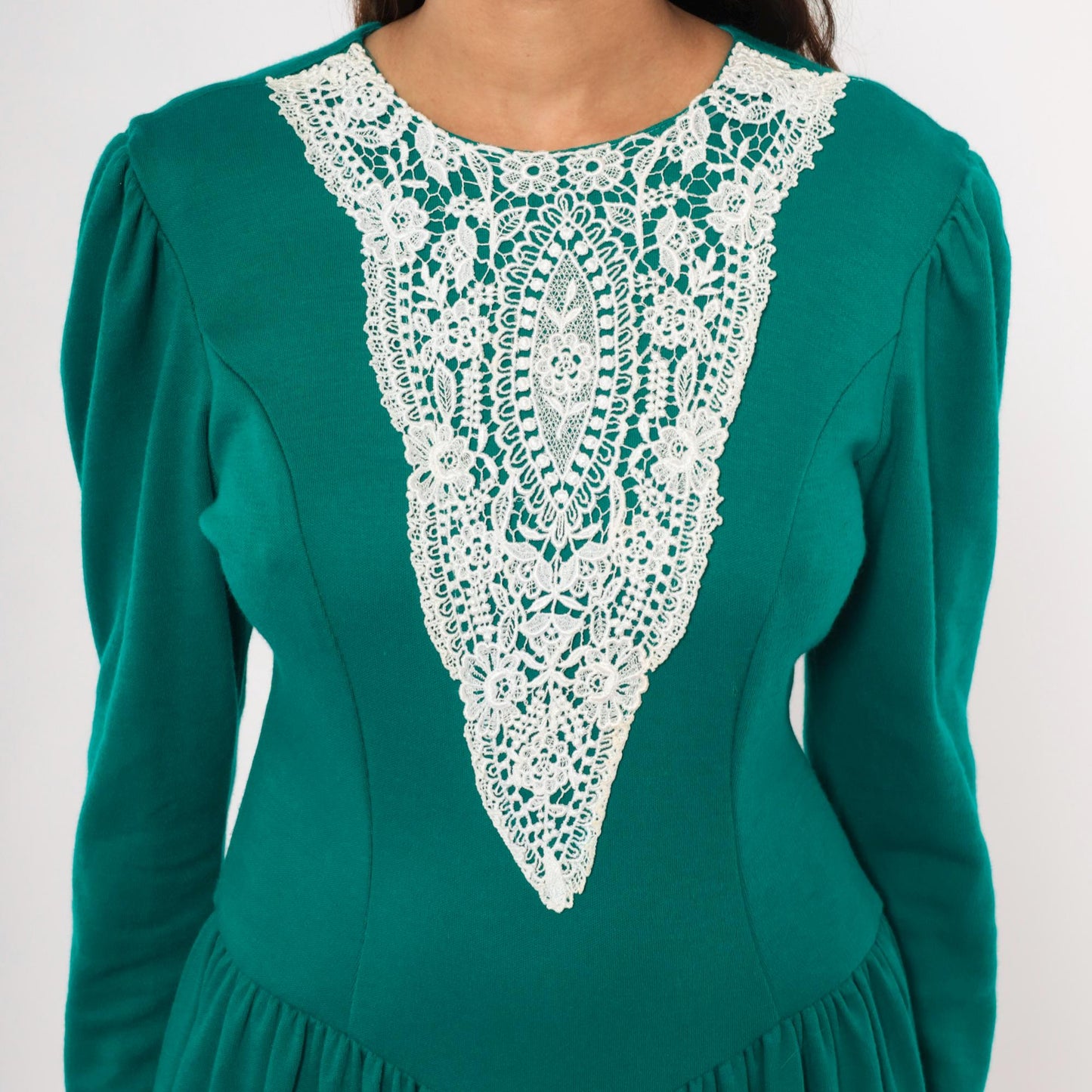 80s Expo Teal Midi Dress Lace Bib Puff Sleeve Fitted Bodice Medium M