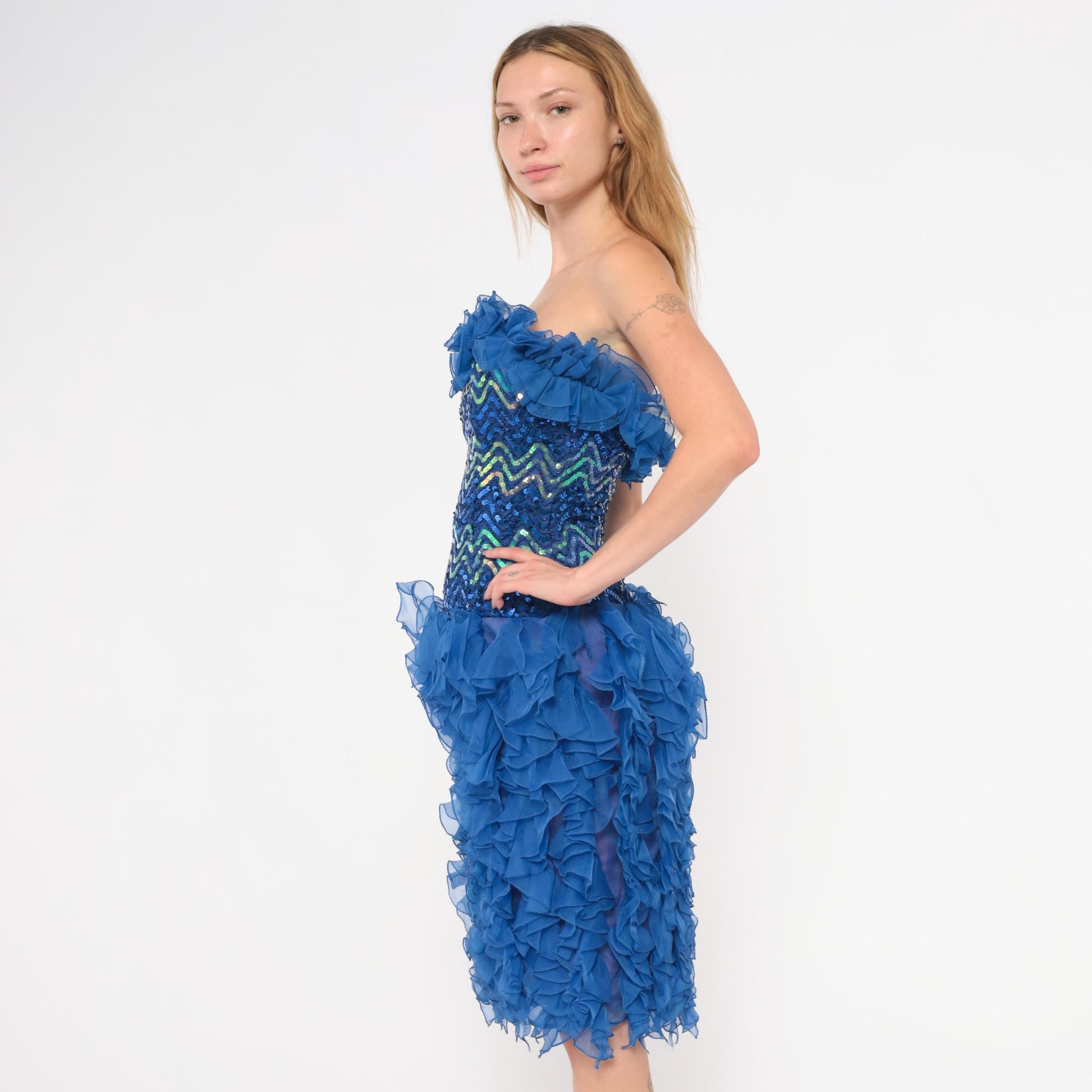 80s Cobalt Sequin Strapless Dress Chevron Sweetheart Corset Ruffle Extra Small XS