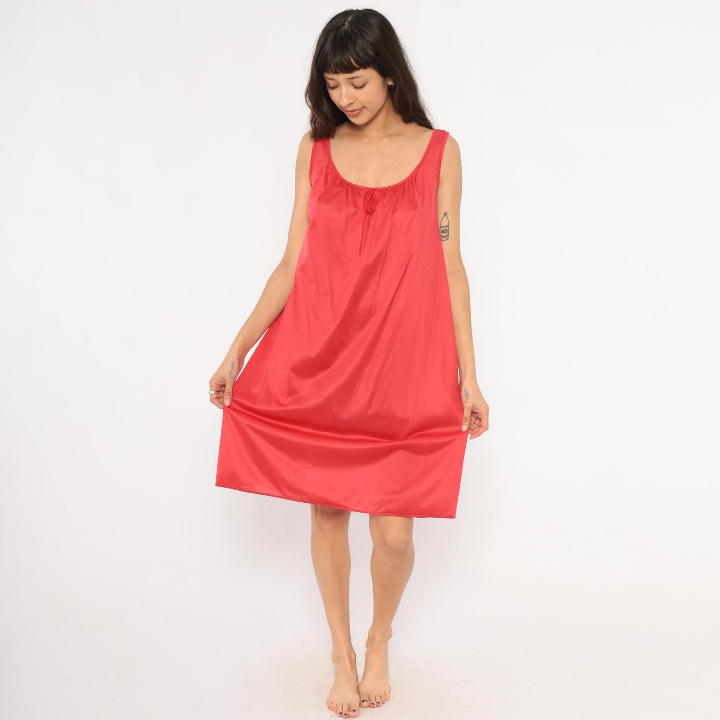80s Eve Moral Red Satin Nightgown Scoop Neck Knee Length Medium M