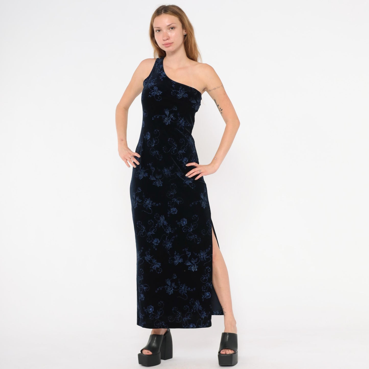 90s Pulse Navy Velvet Maxi Gown One-Shoulder Glitter Floral Asymmetric Slit Large L