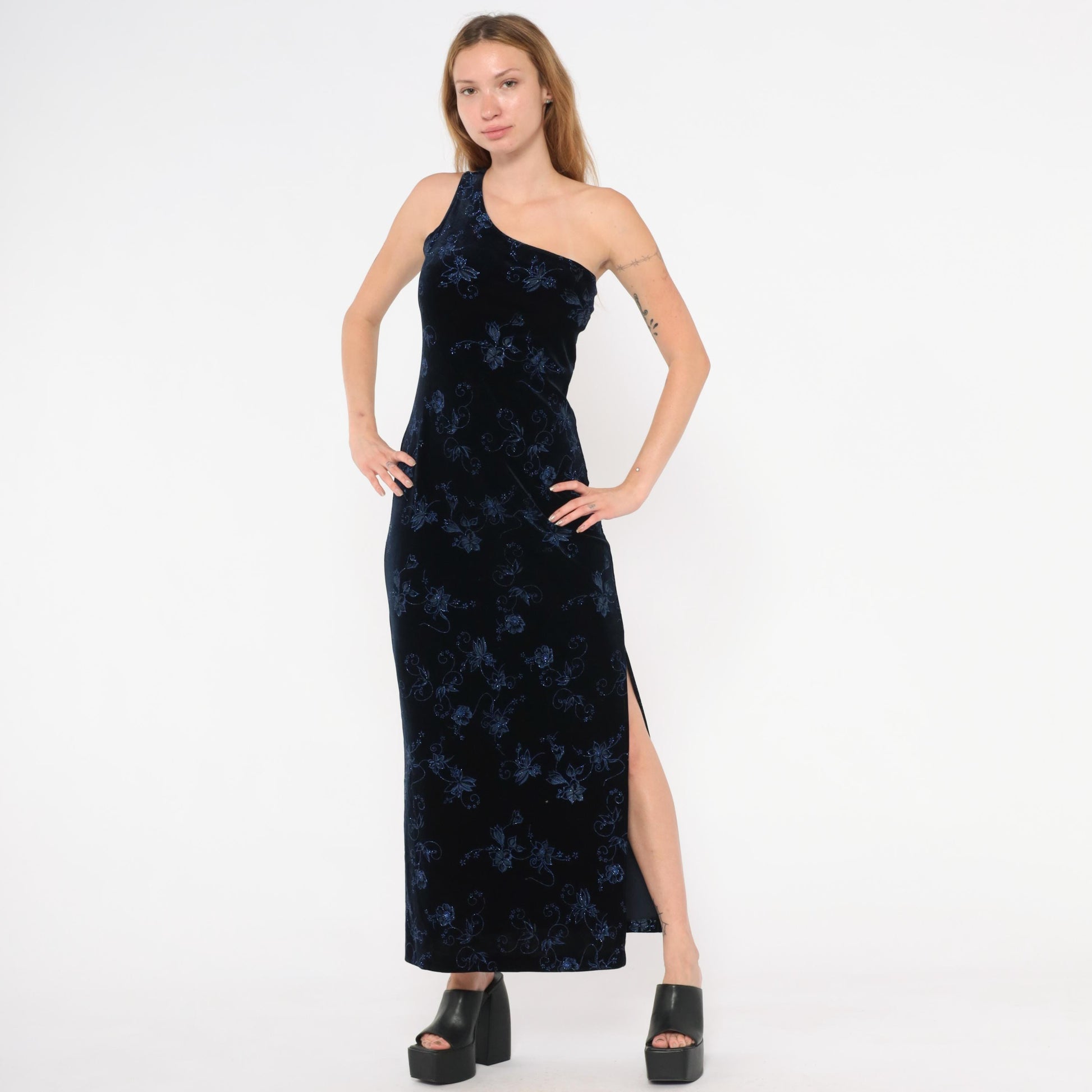90s Pulse Navy Velvet Maxi Gown One-Shoulder Glitter Floral Asymmetric Slit Large L