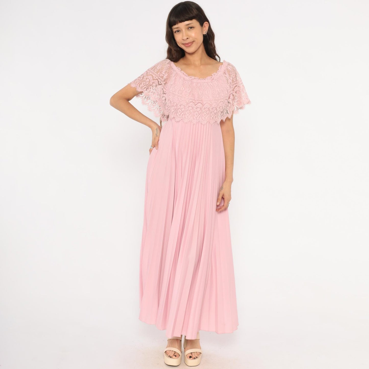 70s Pink Lace Cape Maxi Dress Scalloped Flutter Sleeve Accordion Pleated Small S