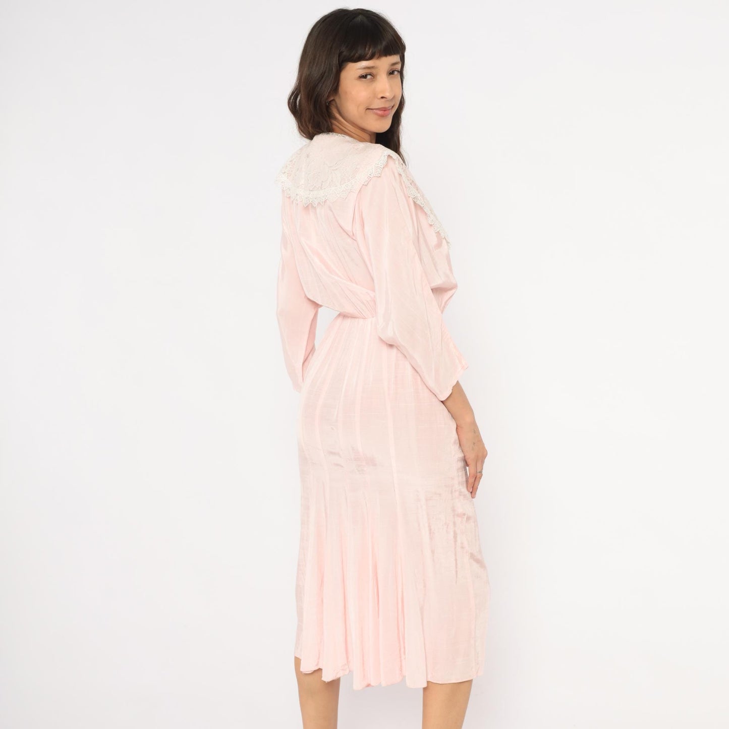 80s DQ Fashions Blush Pink Midi Dress Lace Collar V-Neck Small S