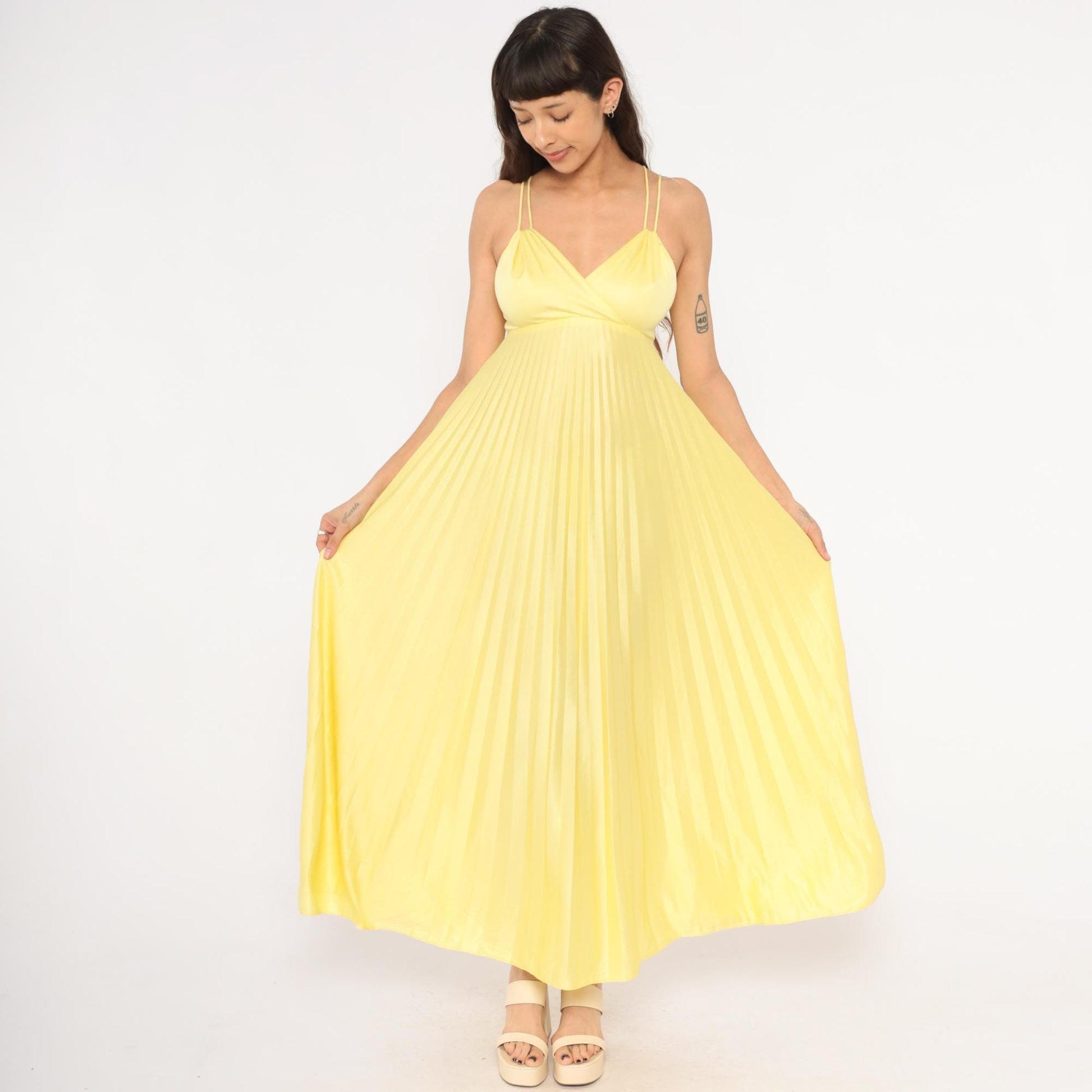 70s Yellow Pleated Maxi Dress Empire Waist Accordion Pleat Surplice Small