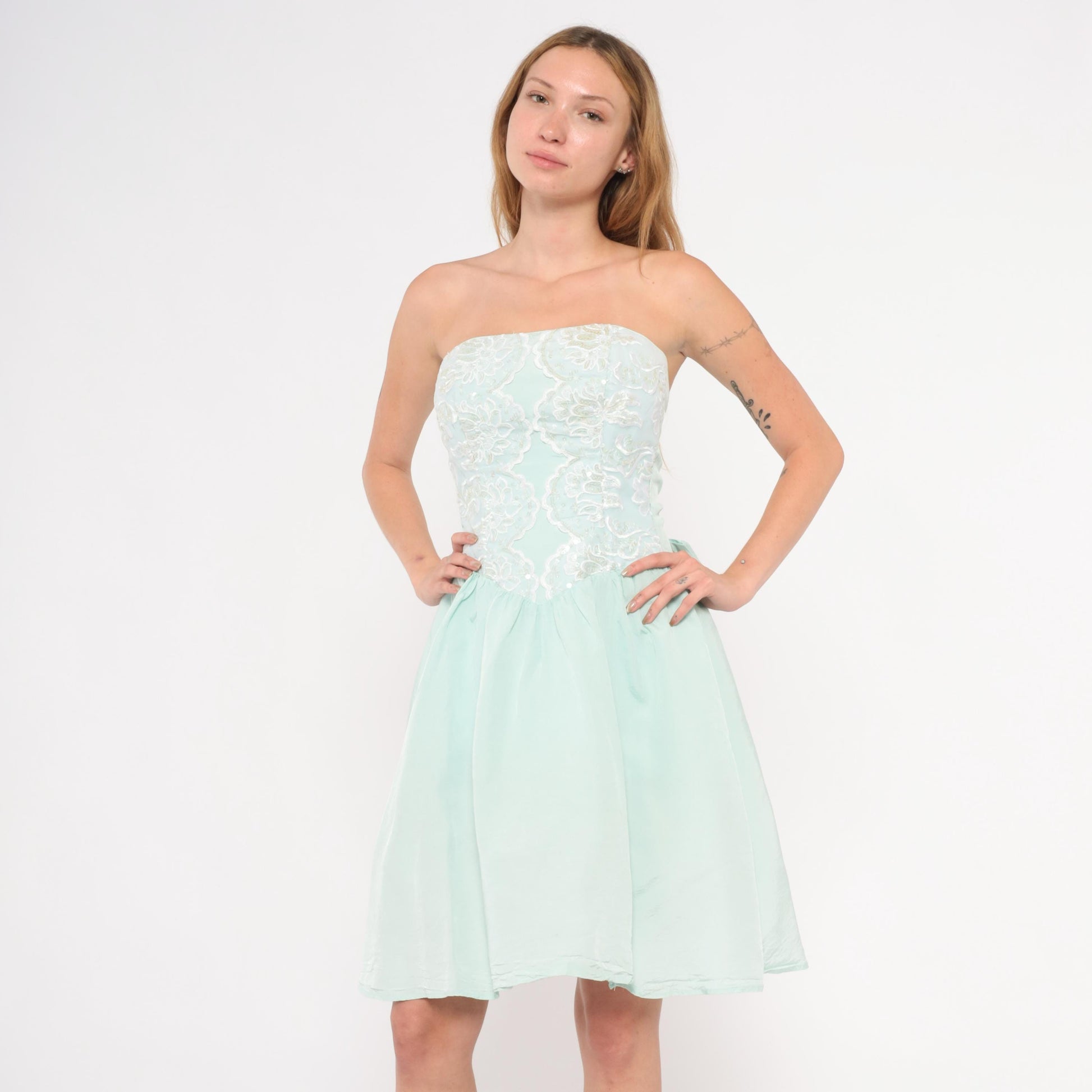 Gunne Sax 80s Mint Strapless Dress Sequin Lace Sweetheart Neckline Knee Length Extra Small XS
