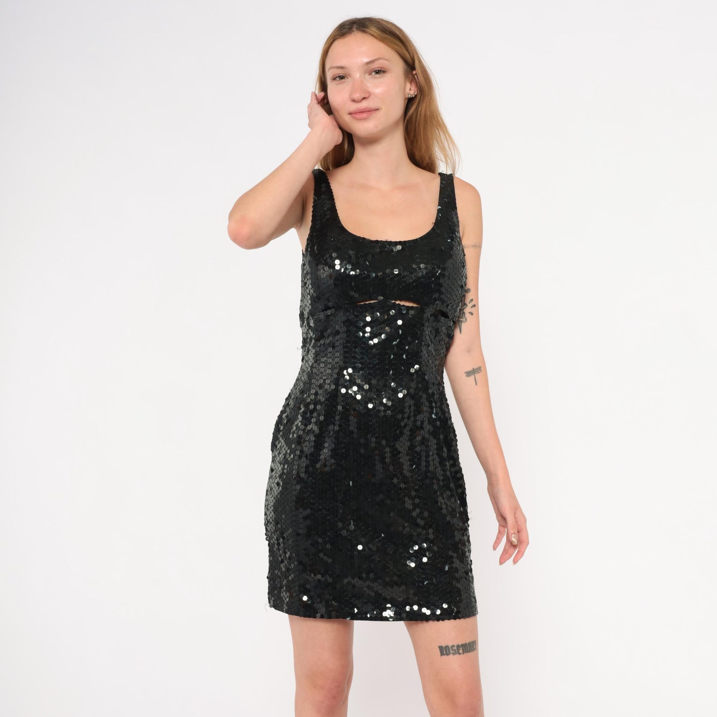 90s Niteline Black Sequin Mini Dress Cutout Waist Scoop Neck Medium M