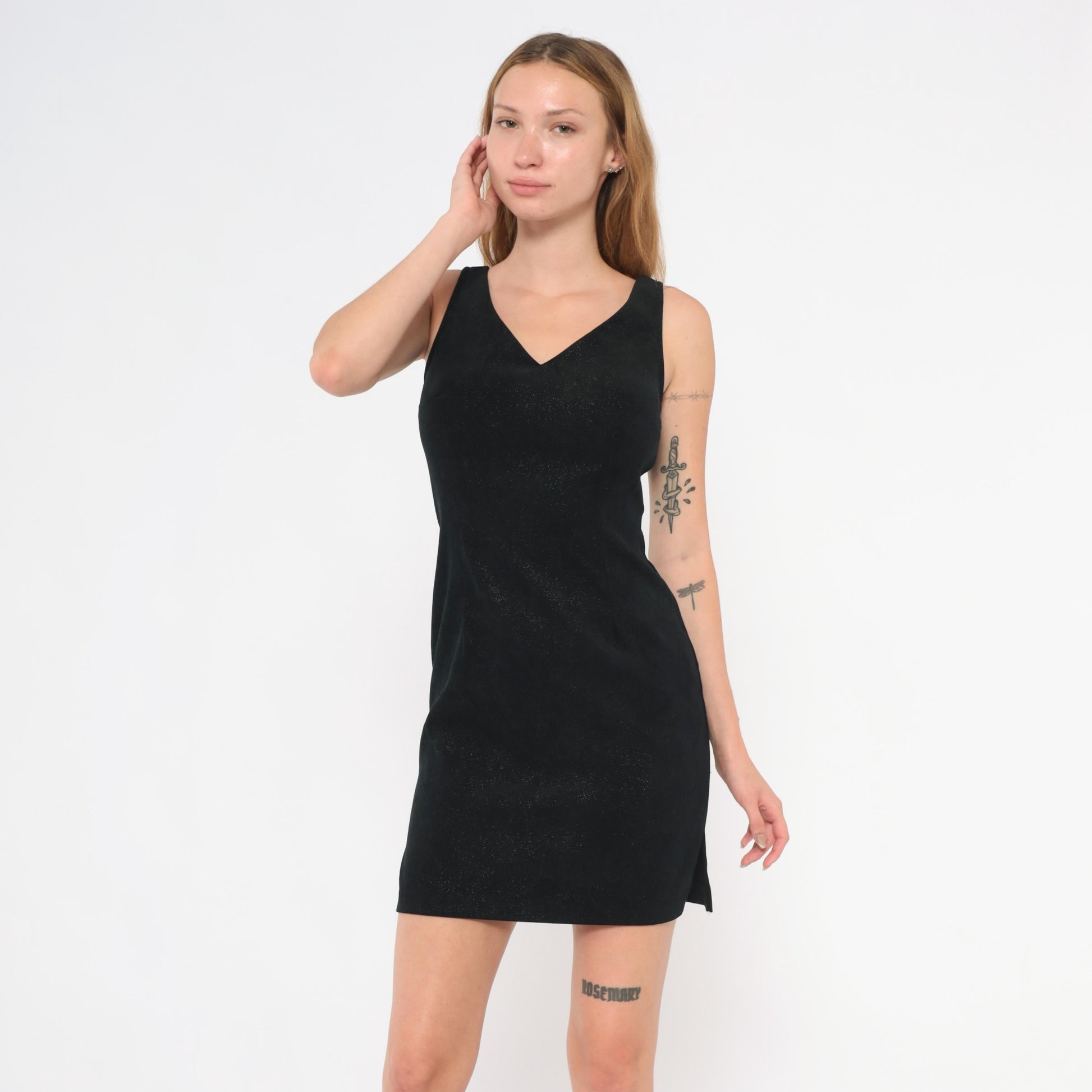 90s Splurge Black Glitter Mini Dress V Neck Sleeveless Bodycon Extra Small XS