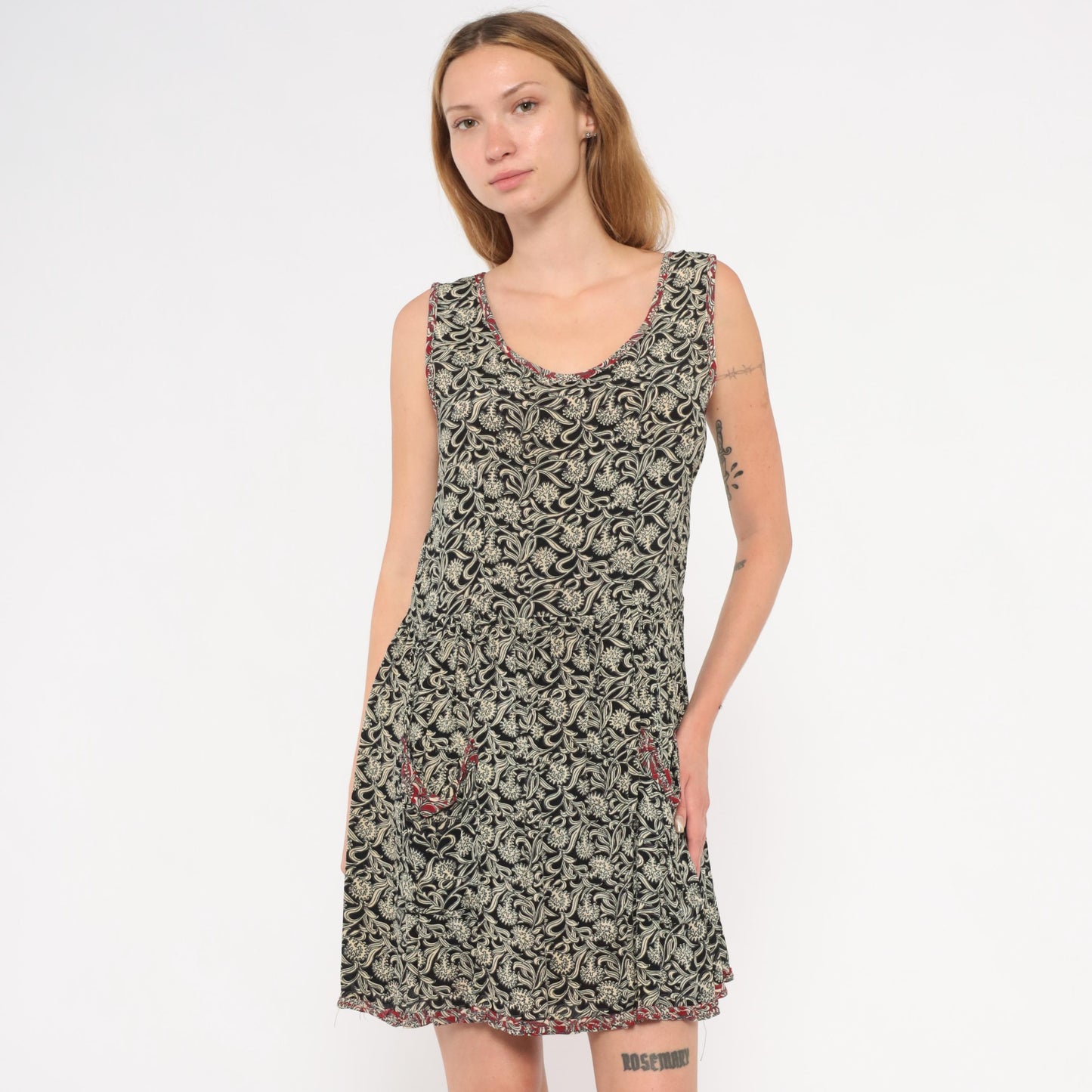 90s Black Floral Tank Dress Mini Red Trim Patch Pockets Small S