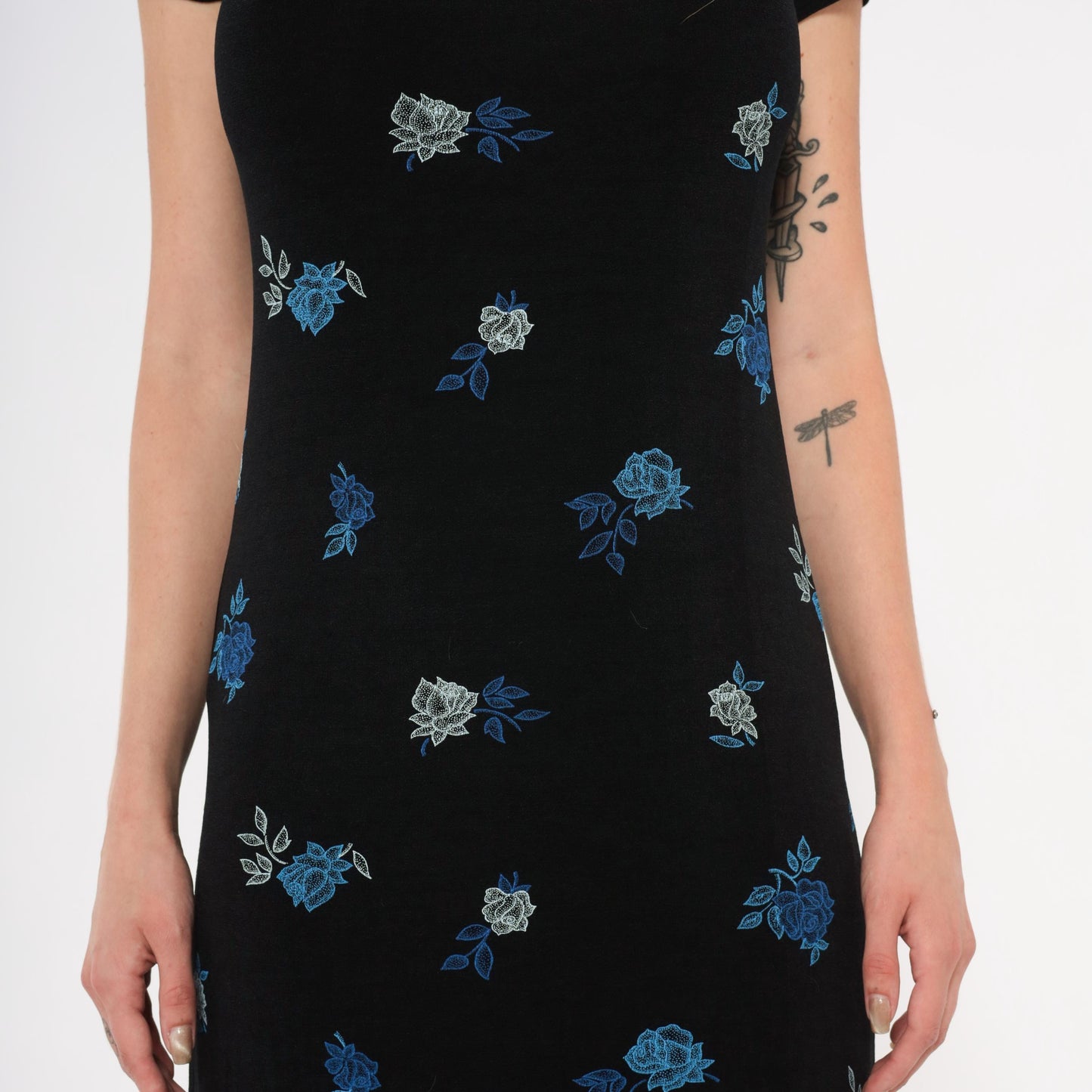90s Jalate Black Floral Maxi Dress Blue Rose Print Side Slit Medium